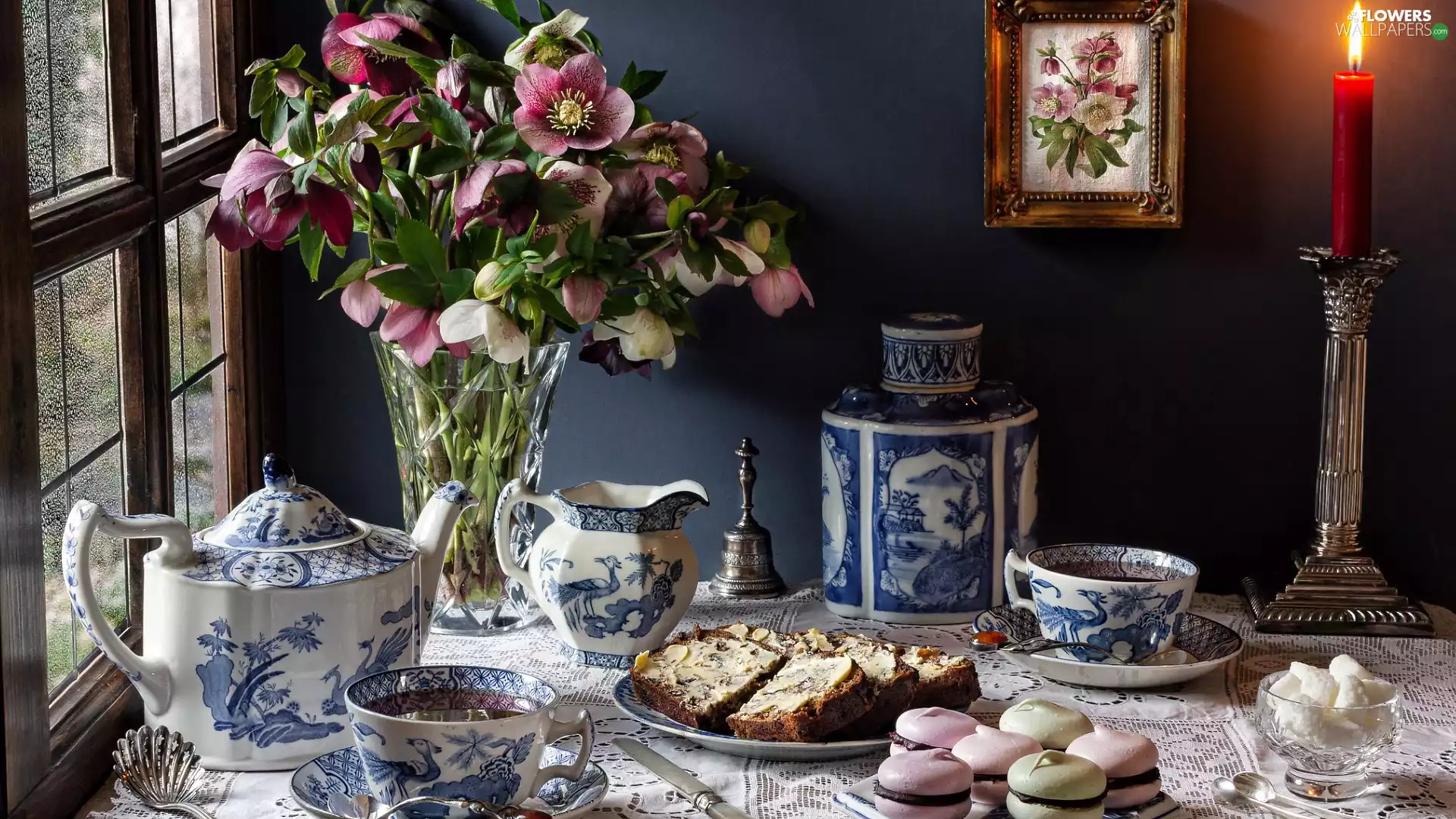 candle, cookies, Flowers, Helleborus, composition