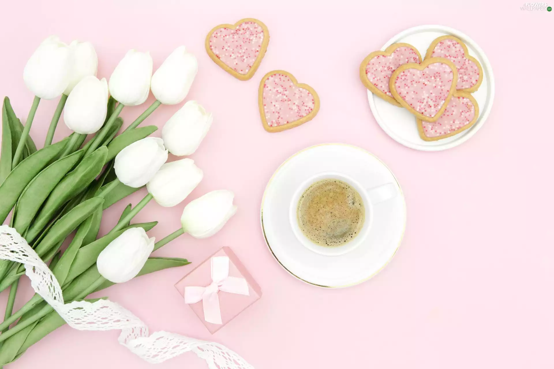 Cookies, White, ribbon, Pink, Present, Flowers, Tulips, background, hearts, coffee
