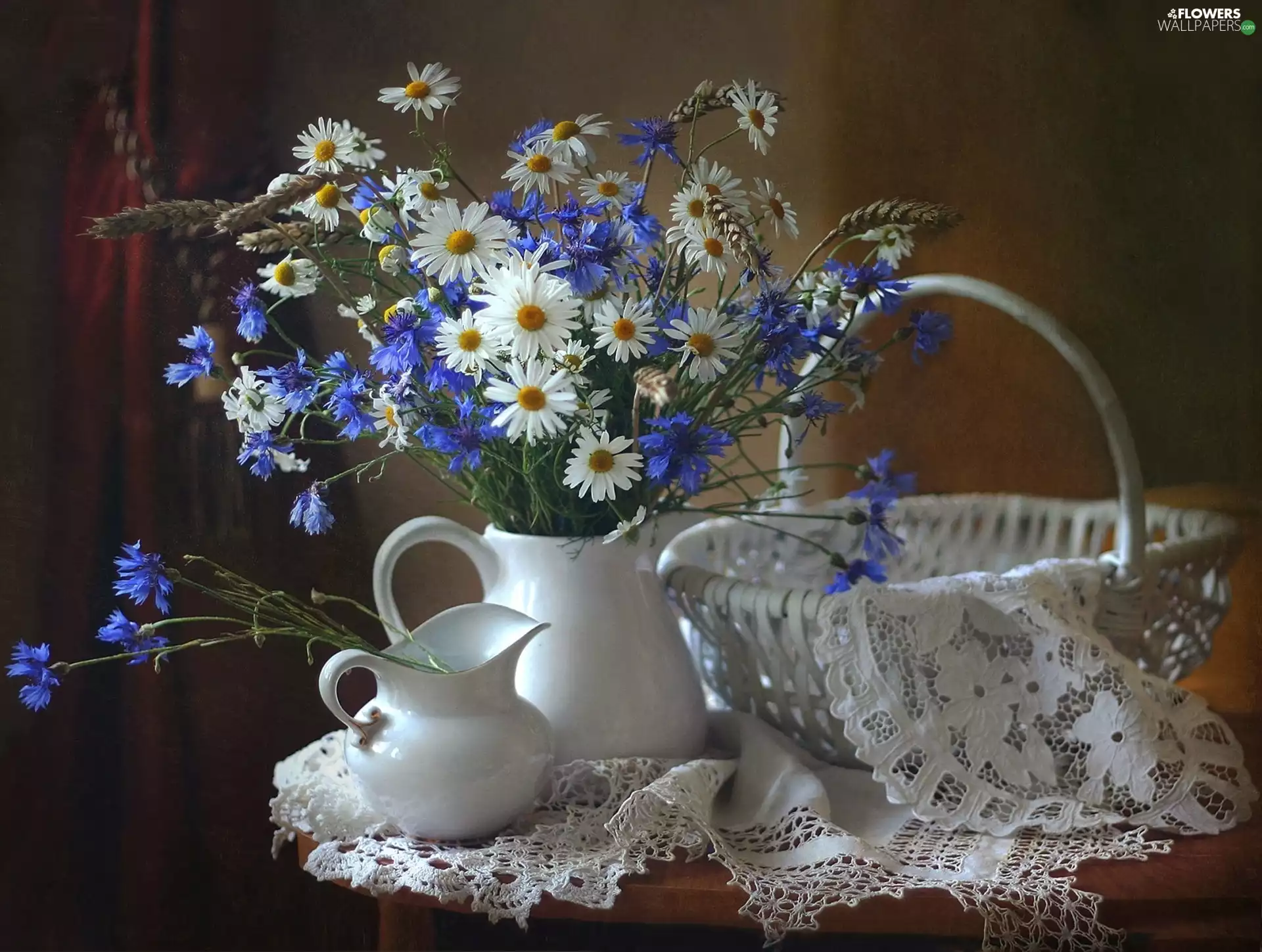 Jugs, cornflowers, basket, daisy, Flowers