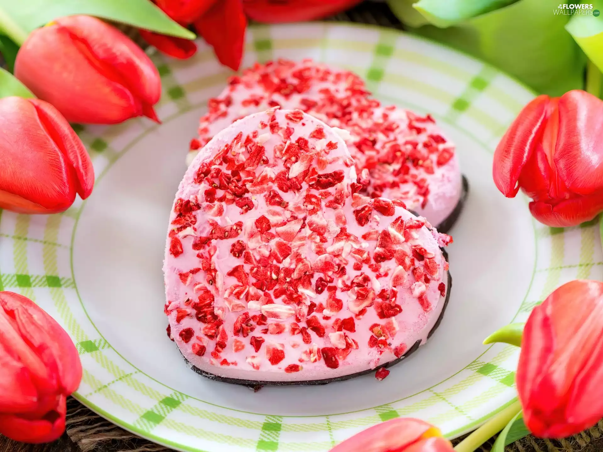 ice cream, plate, Tulips, hearts