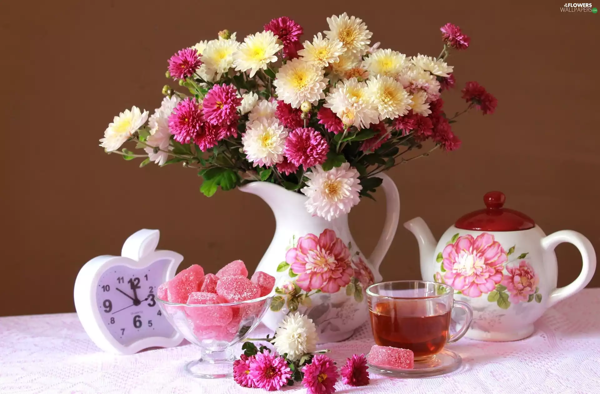 tea, chrysanthemums, Still, creamers, bouquet, Candies, nature