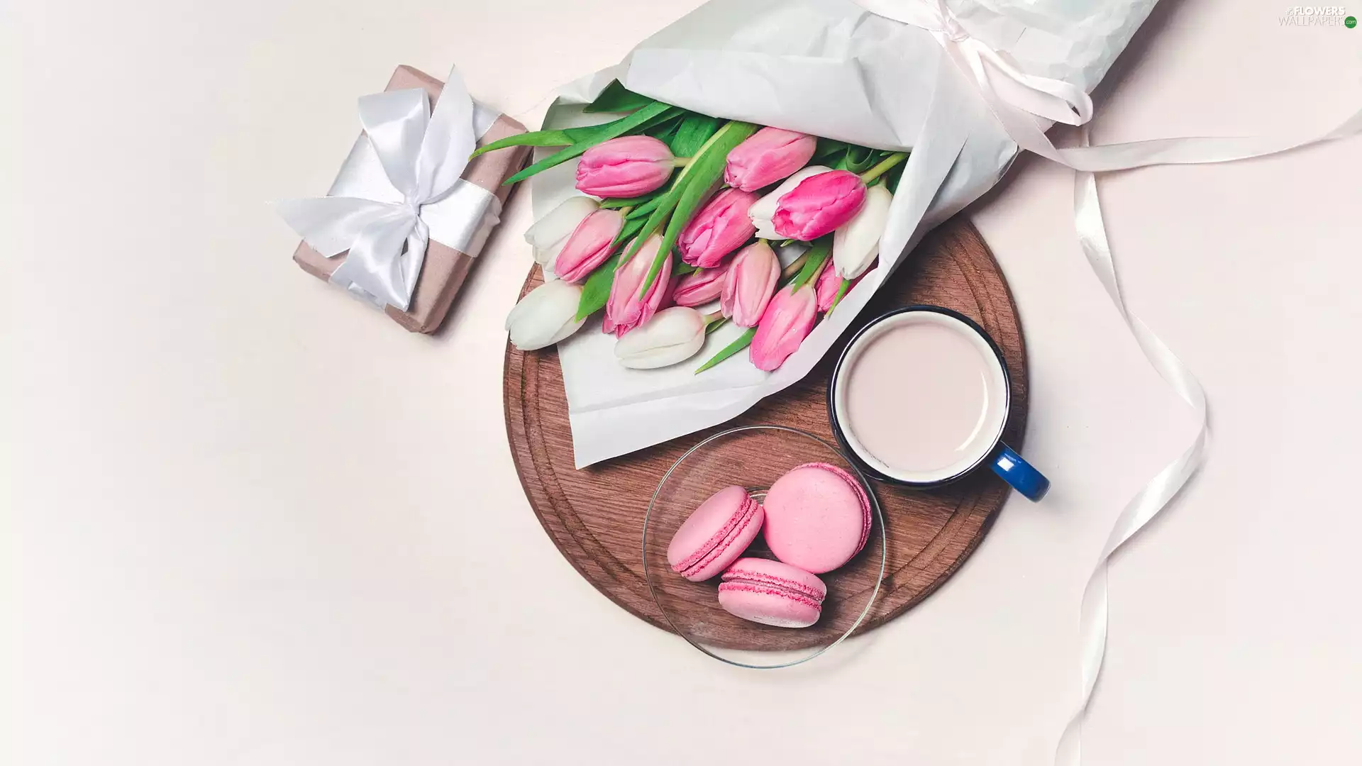Cookies, coffee, board, Cup, Tulips, Macaroons, Present