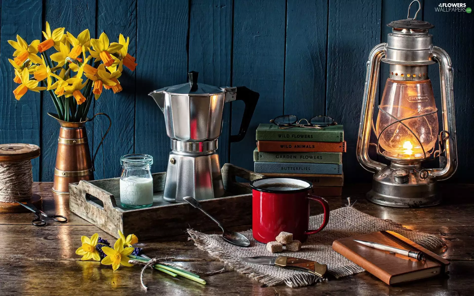 Jonquil, Lamp, Books, bouquet, composition, Coffee Percolator, Cup