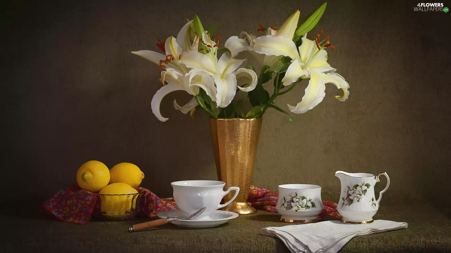 lemons, cup, bouquet, lilies, composition