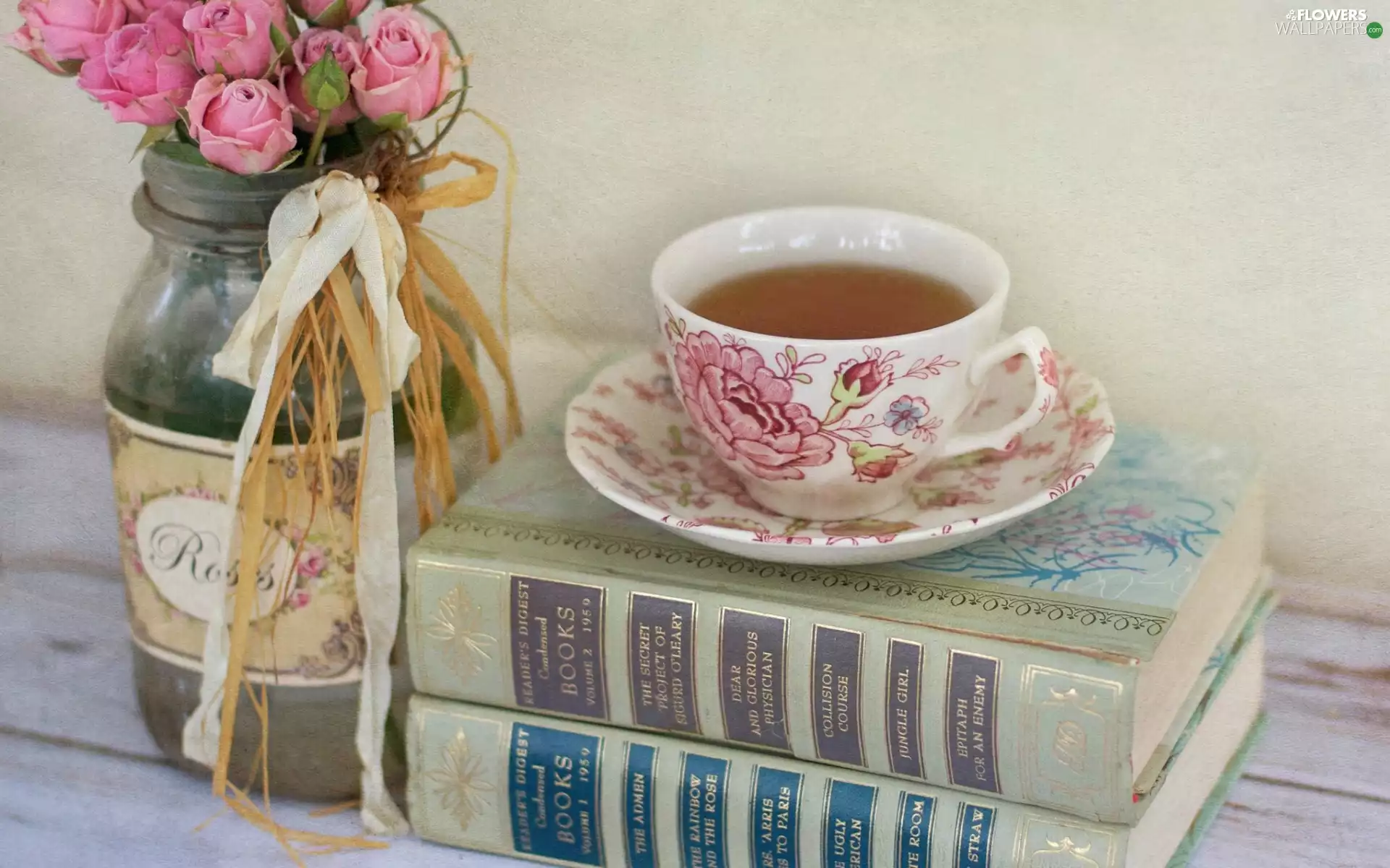 Books, Cup Bouquet, roses, tea