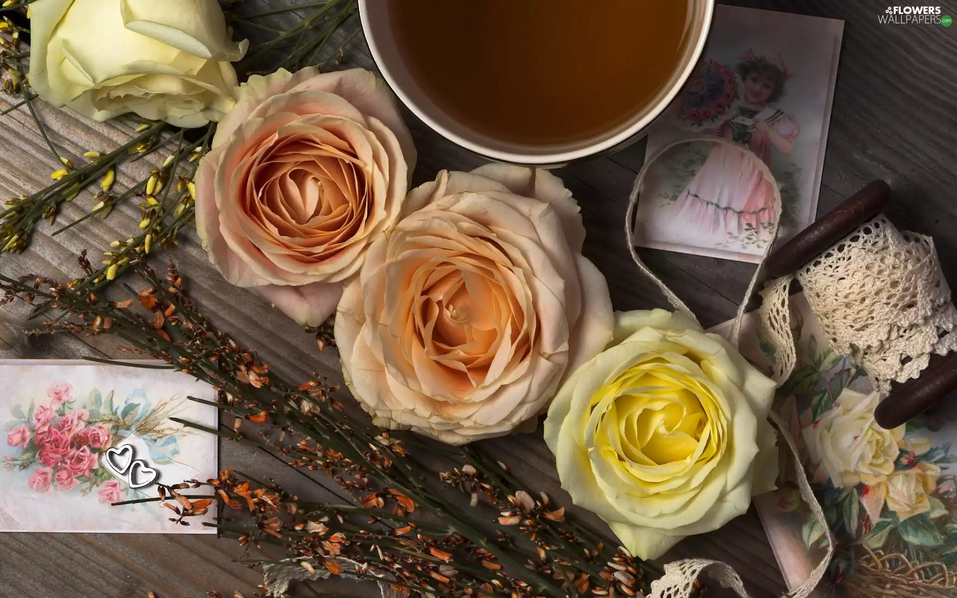 cop, lace, composition, tea, Cards, roses, Flowers, cup