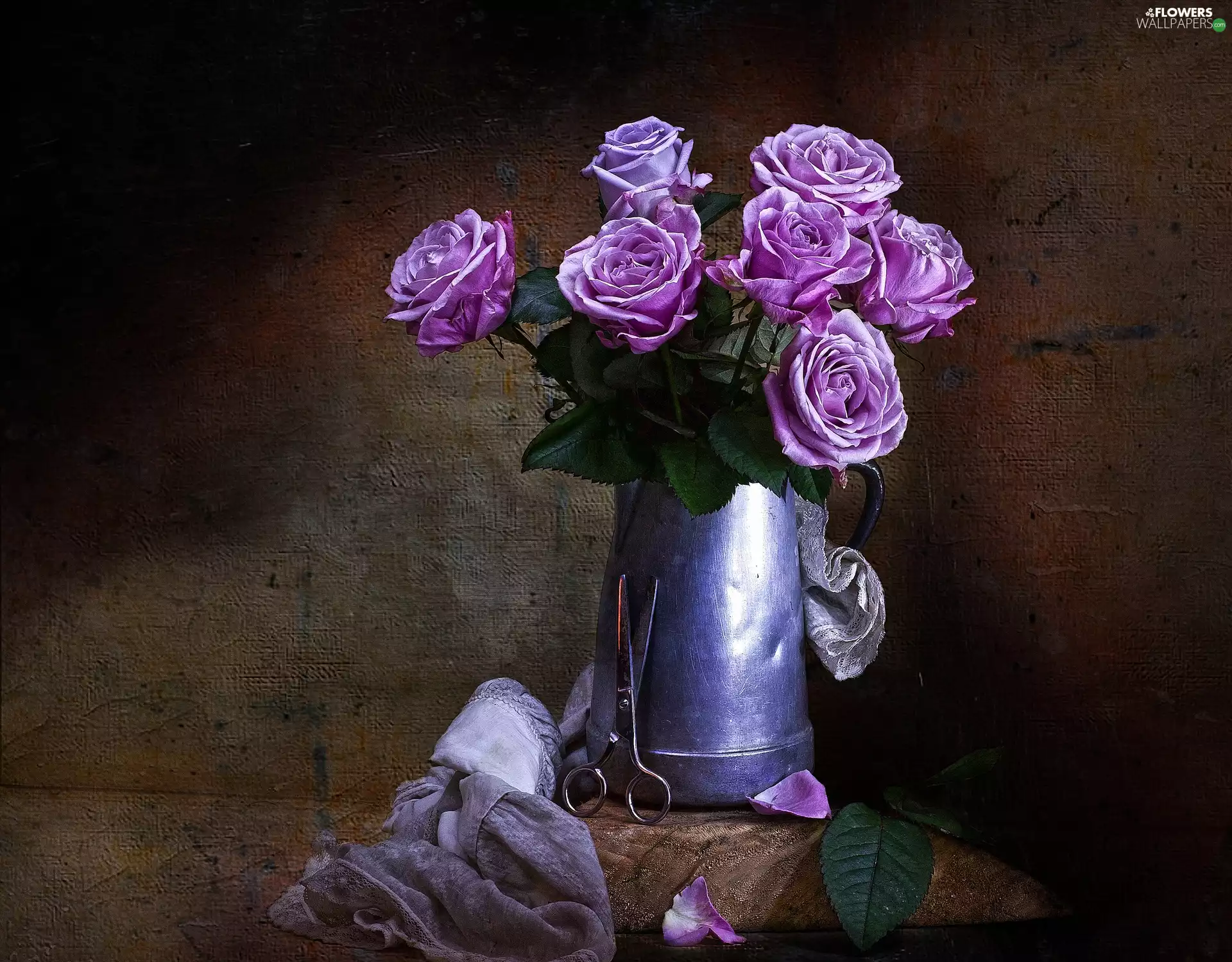 scissors, roses, Stannic, cup, scarf, composition