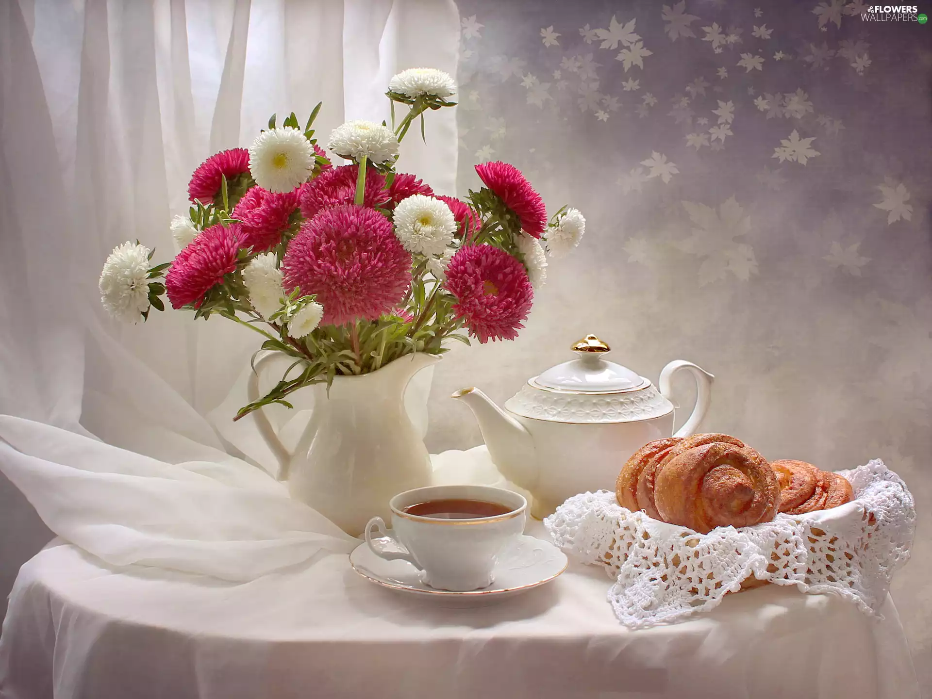 Astra, jug, croissants, kettle, tea, bouquet, Flowers, cup