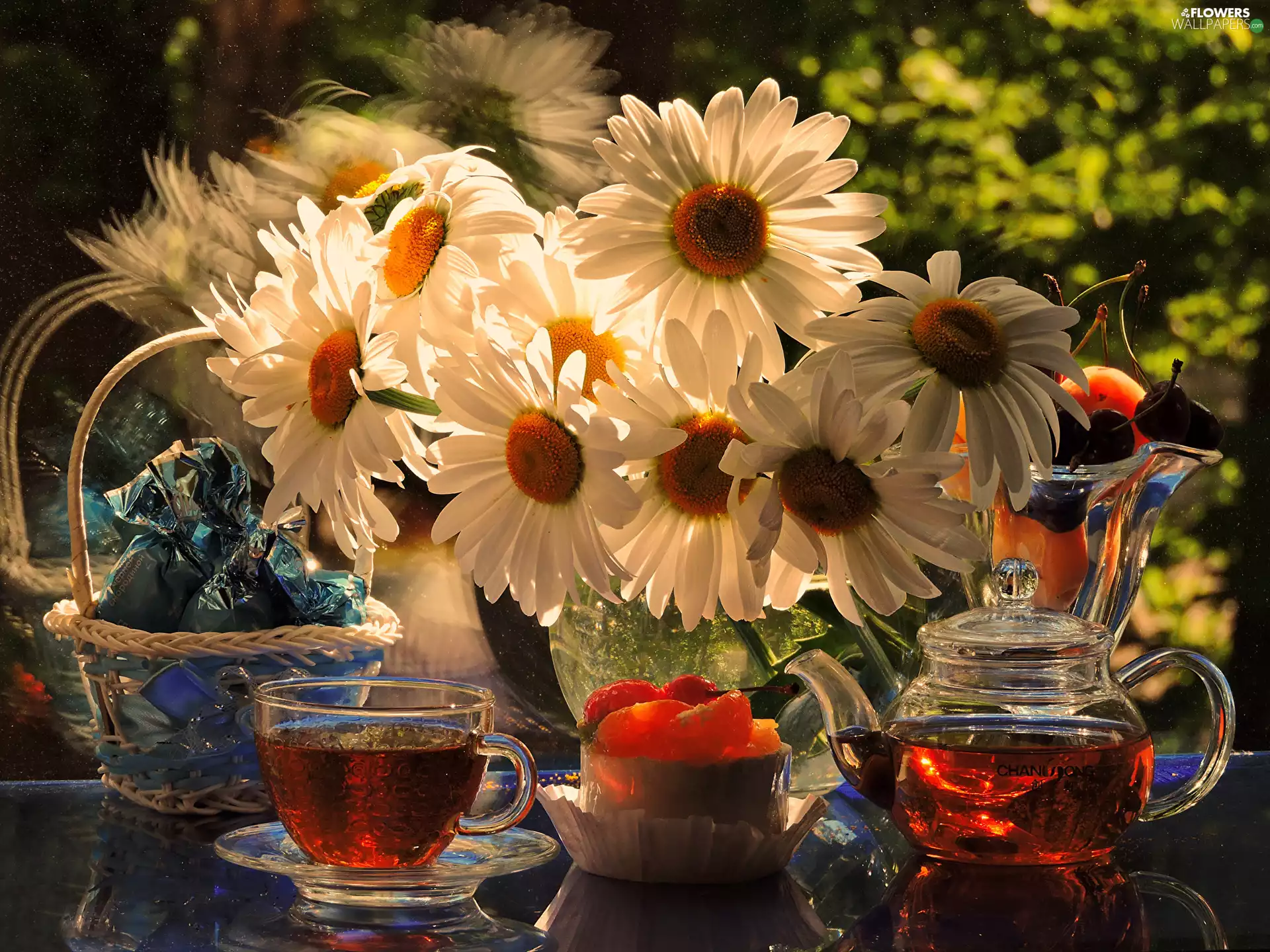 daisy, kettle, Drops, tea, basket, Flowers, Vase, cup