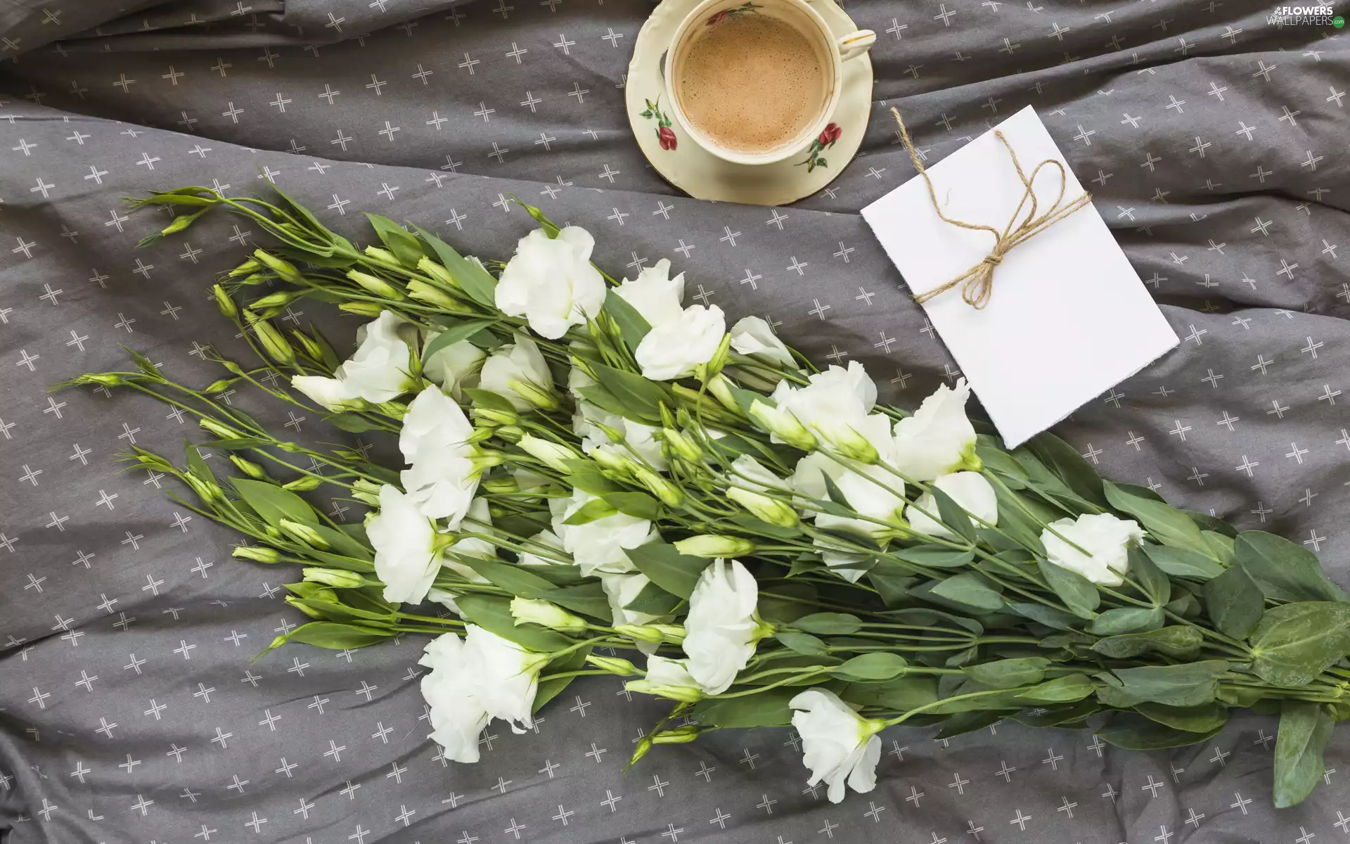 cup, coffee, plate, White, card, twine, Eustoma, bouquet, Flowers