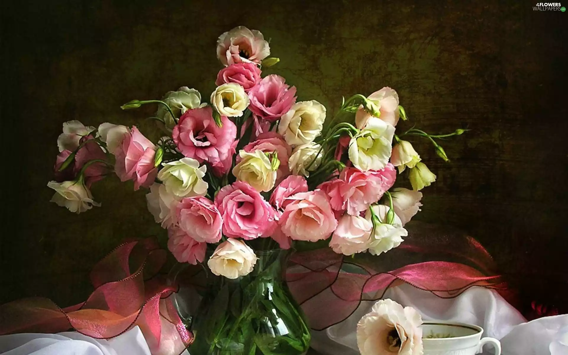 Flowers, Eustoma, cup, bouquet
