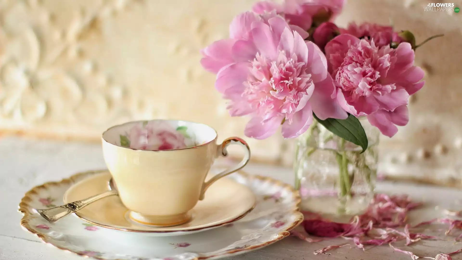 cup, composition, Peonies