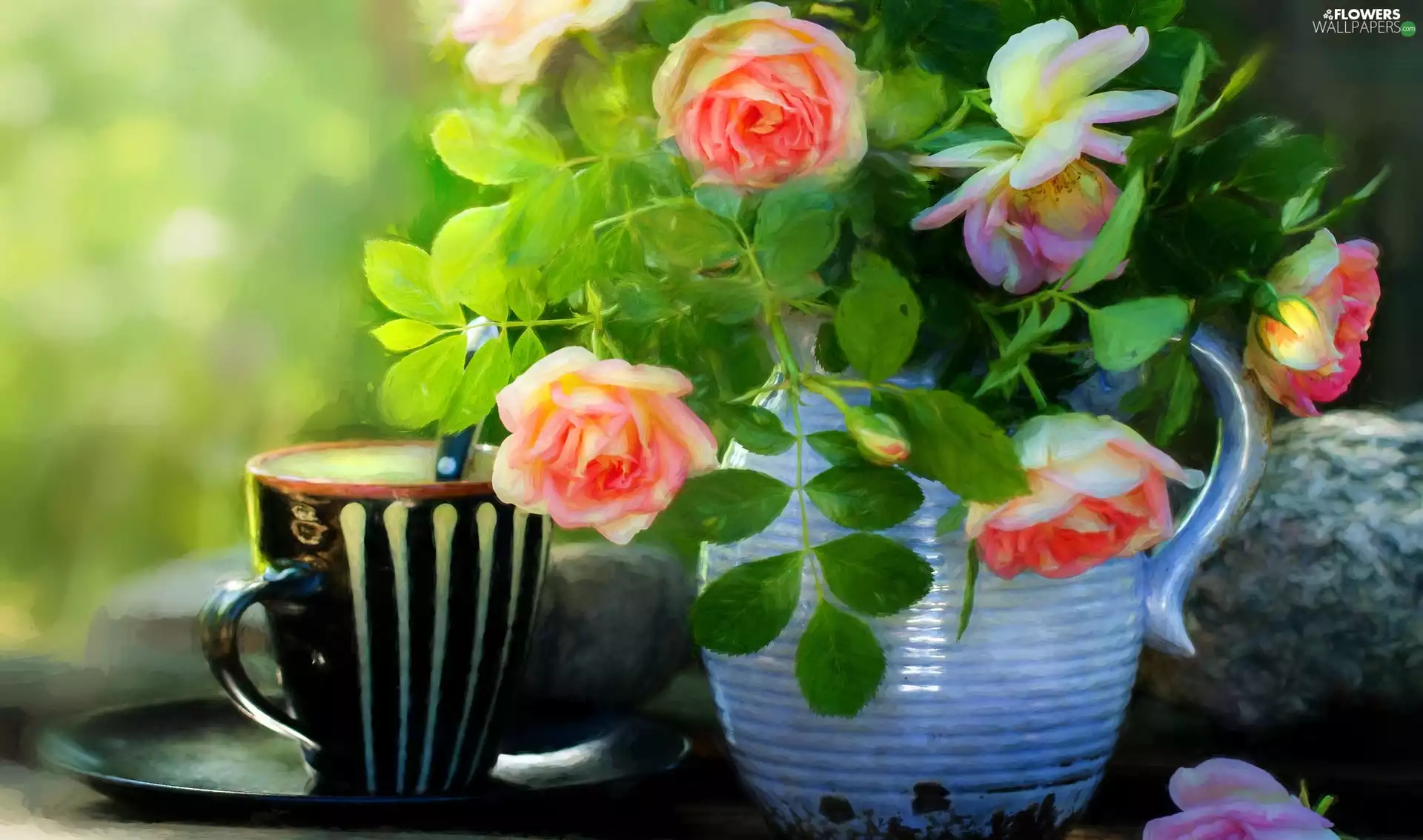 bouquet, copy, jug, Cup, roses, picture