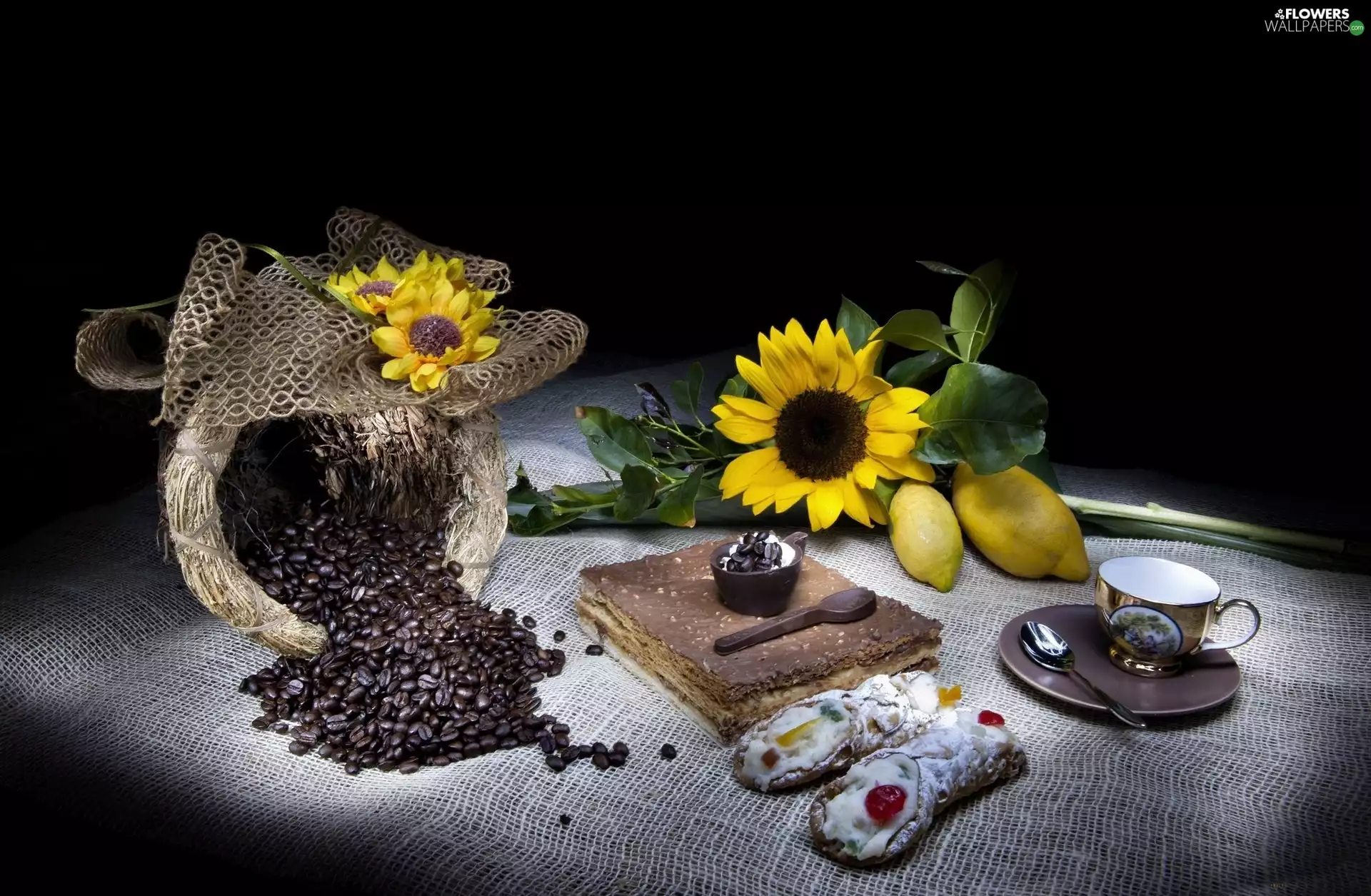 coffee, Nice sunflowers, cup, cookies, lemons, grains