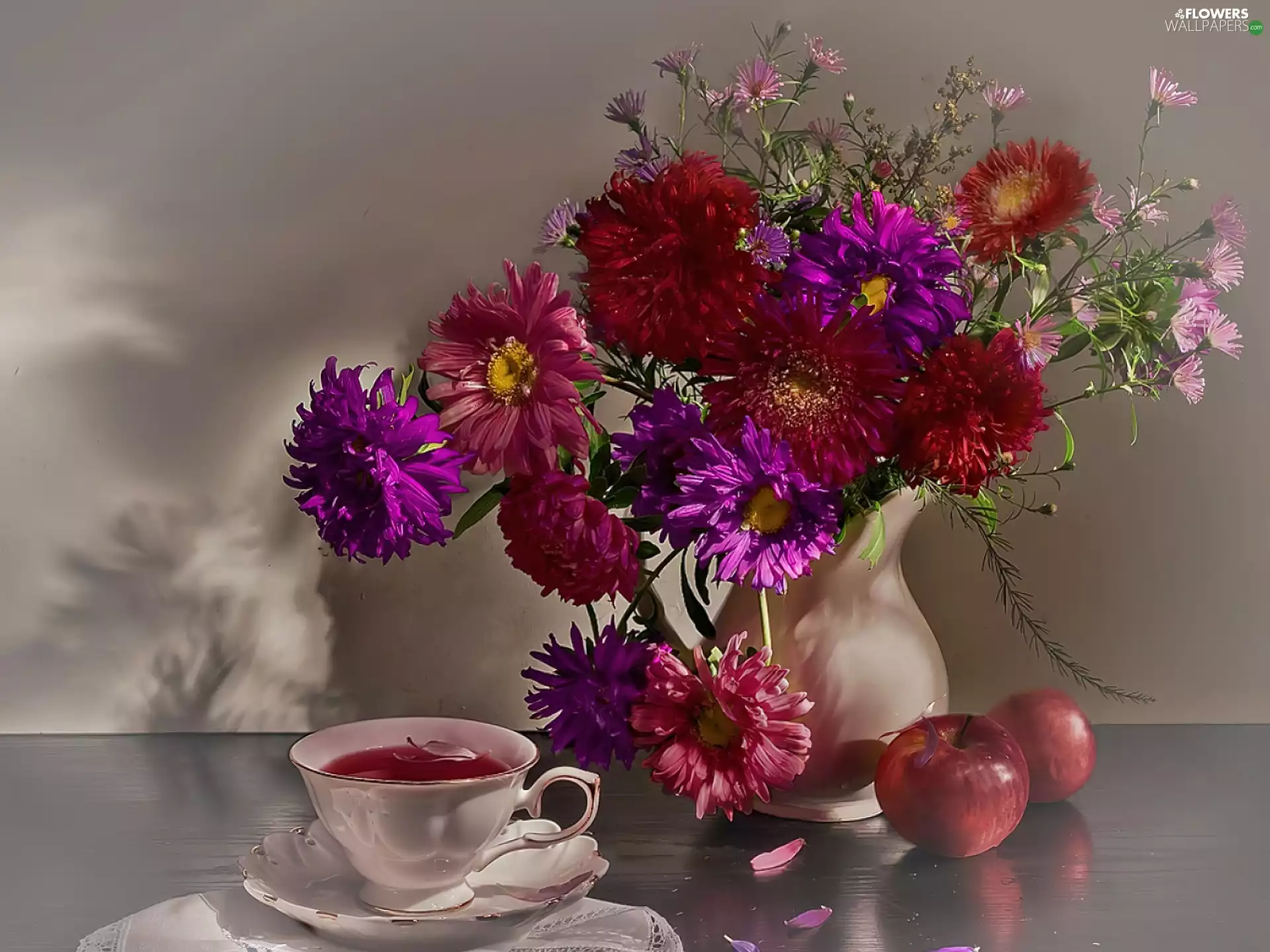 cup, tea, Astrów, apples, bouquet