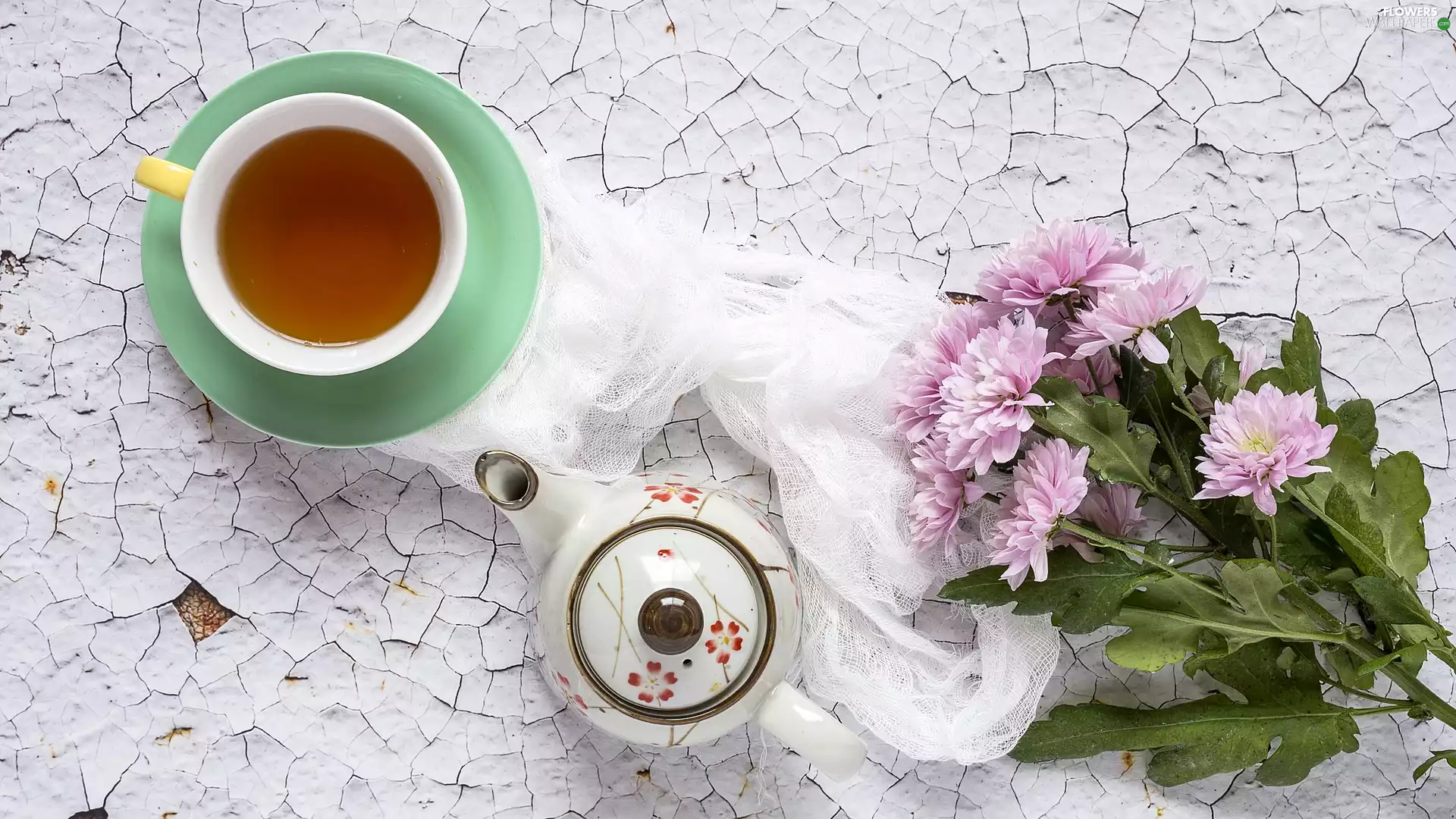 tea, jug, Chrysanthemums, cup