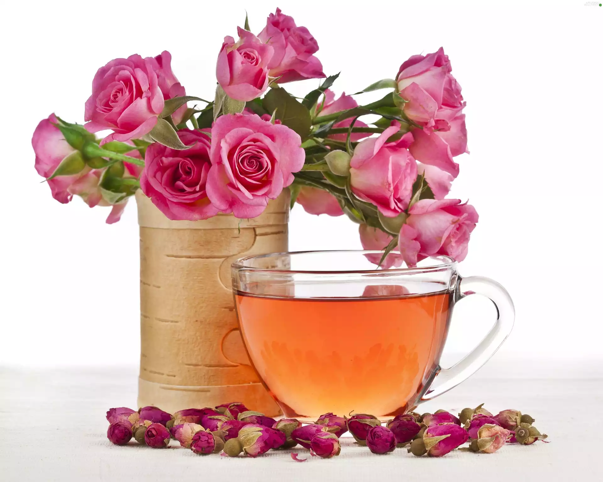 cup, roses, tea