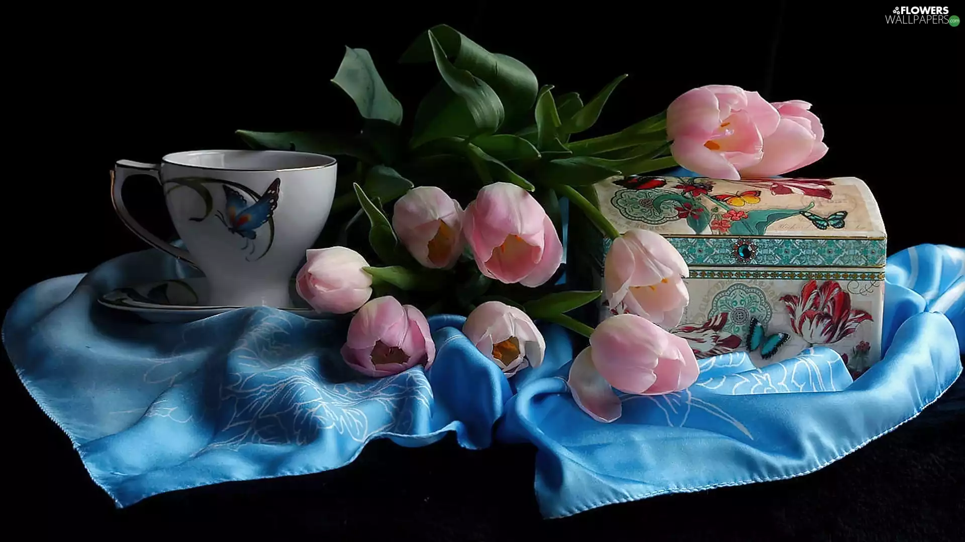 cup, textile, Tulips, Box, Pink