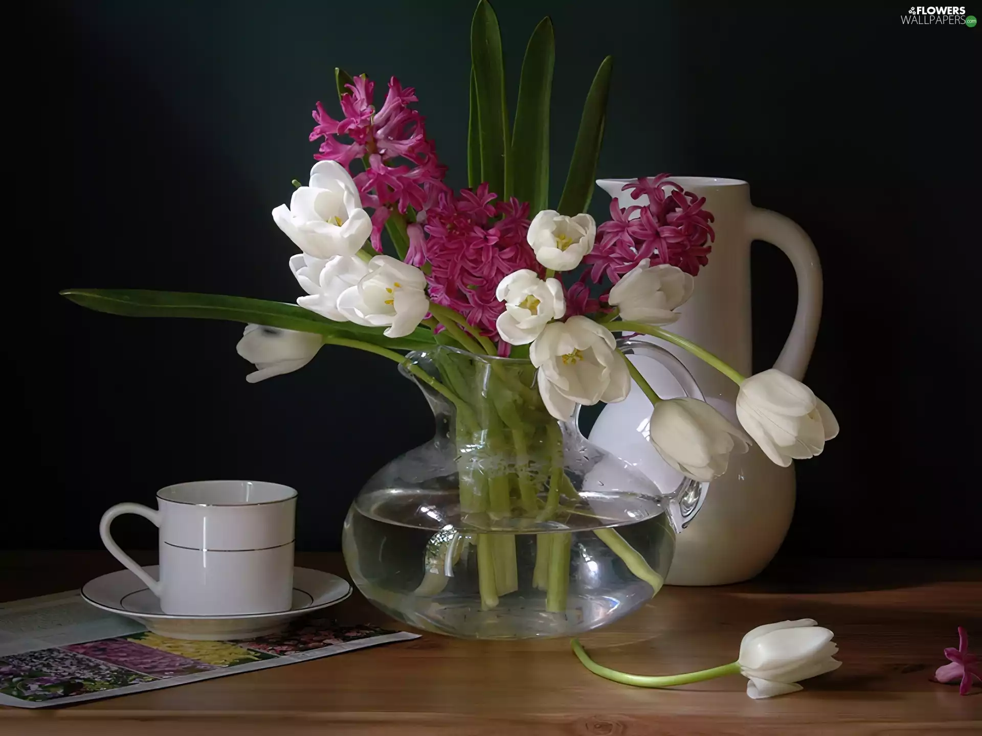jug, cup, White, Tulips, Flowers