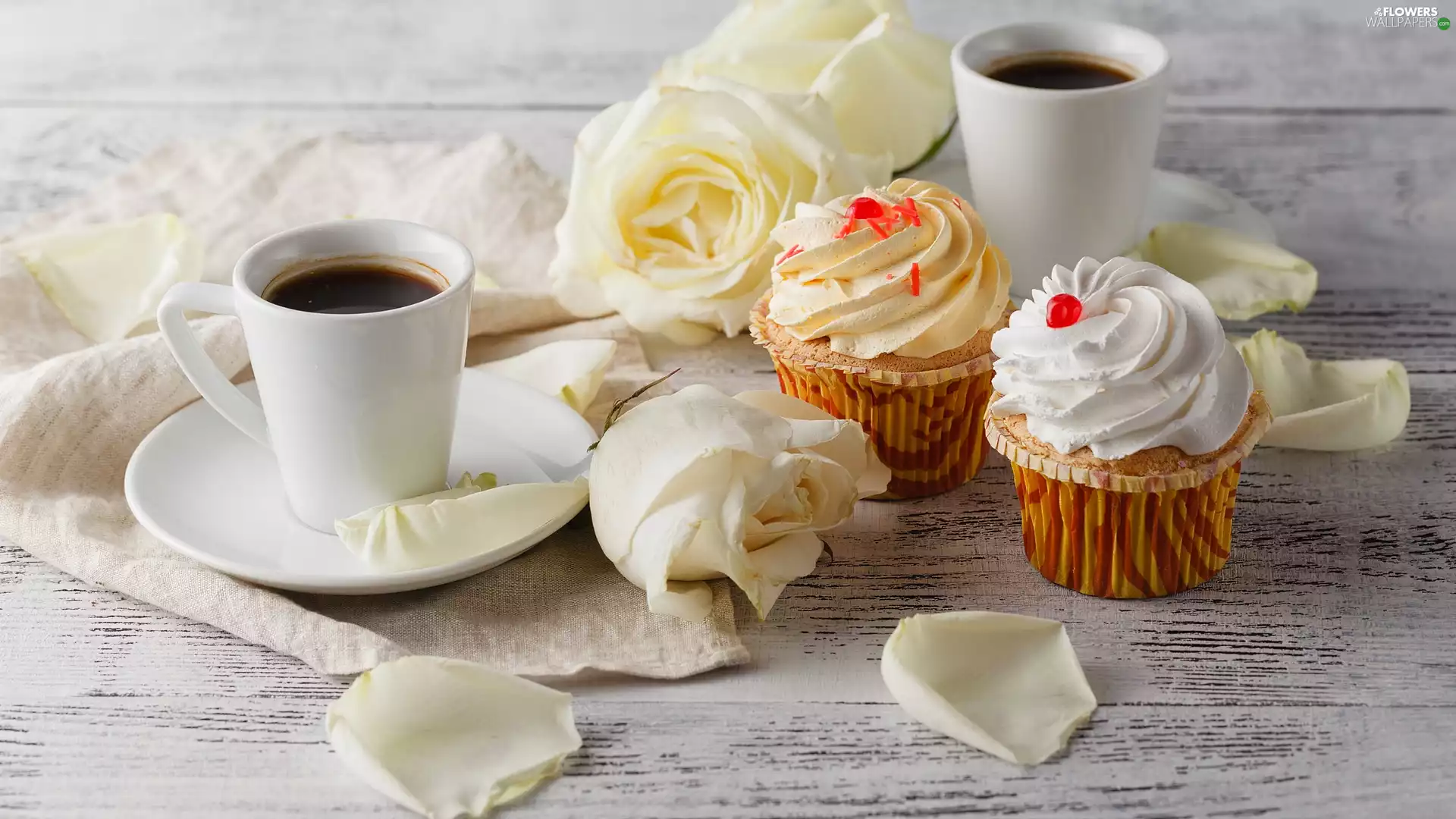 cups, White, boarding, roses, stuff, Two cars, coffee, Muffins