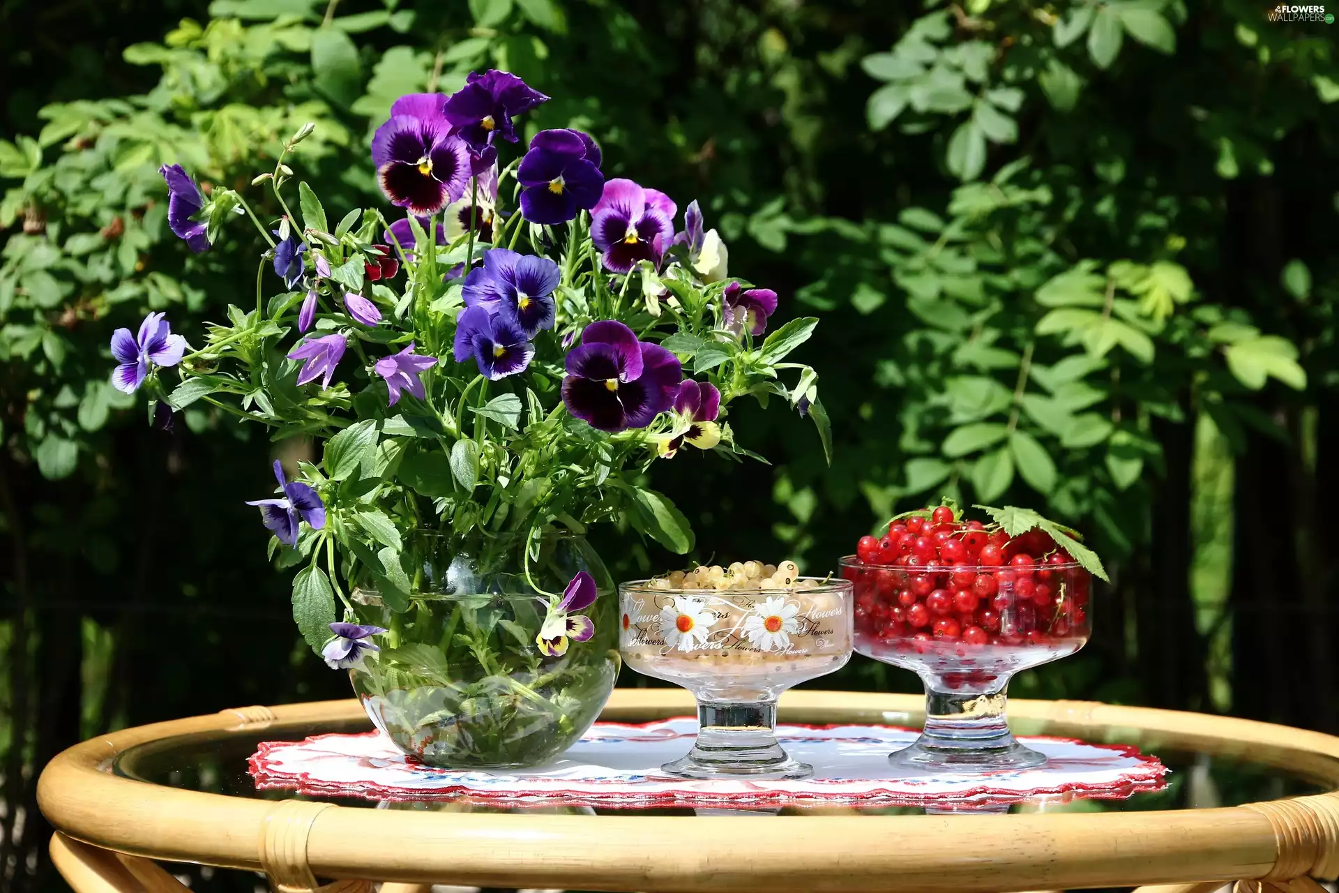 pansies, composition, cups, currants, bouquet, Flowers