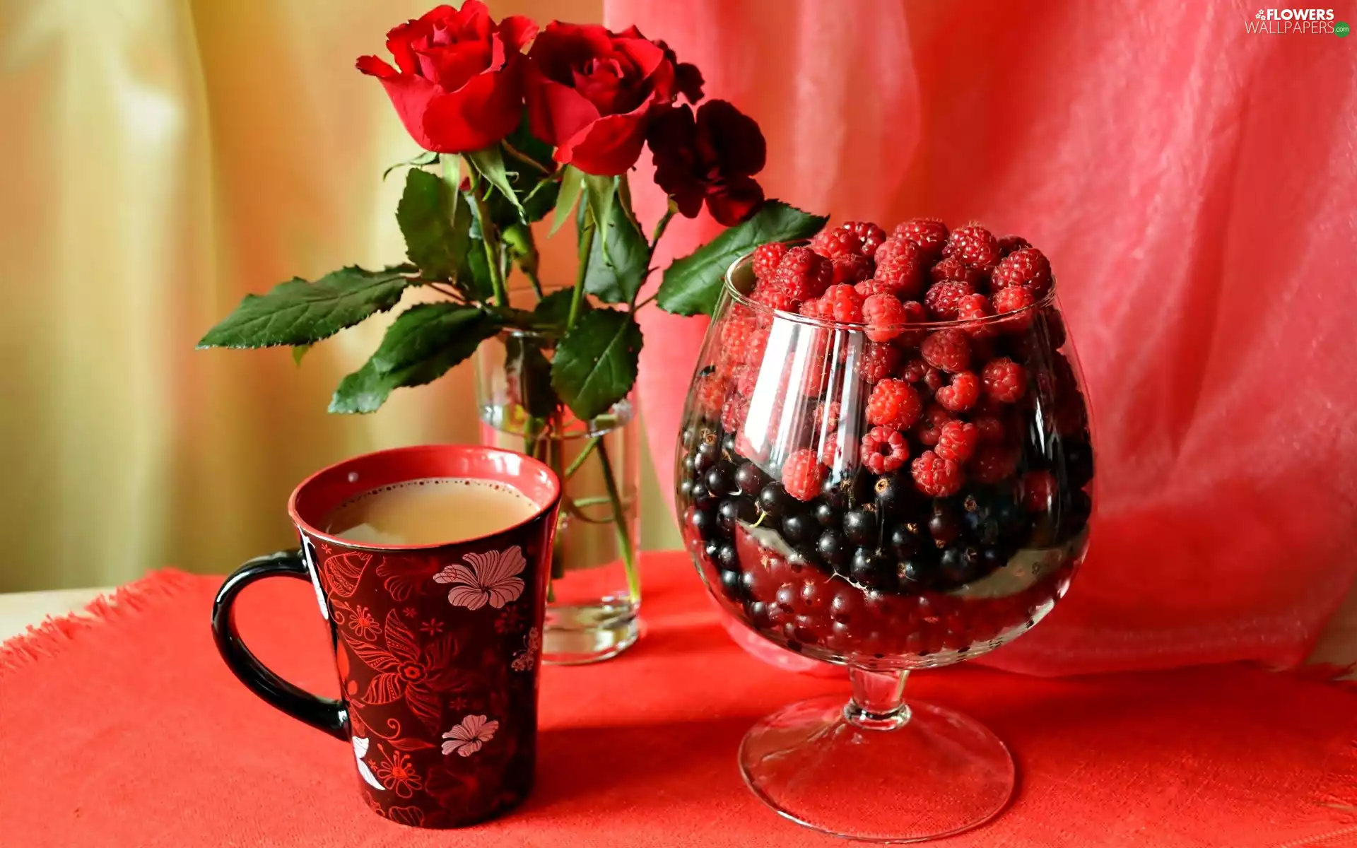 Cup, bouquet, raspberries, currants, coffee, rouge