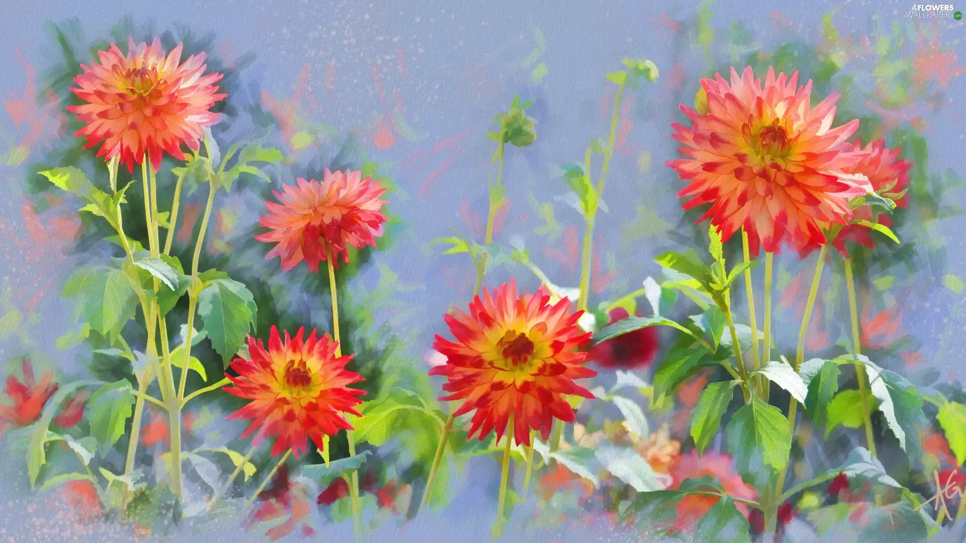 painting, dahlias, Alberto Guillen, Flowers