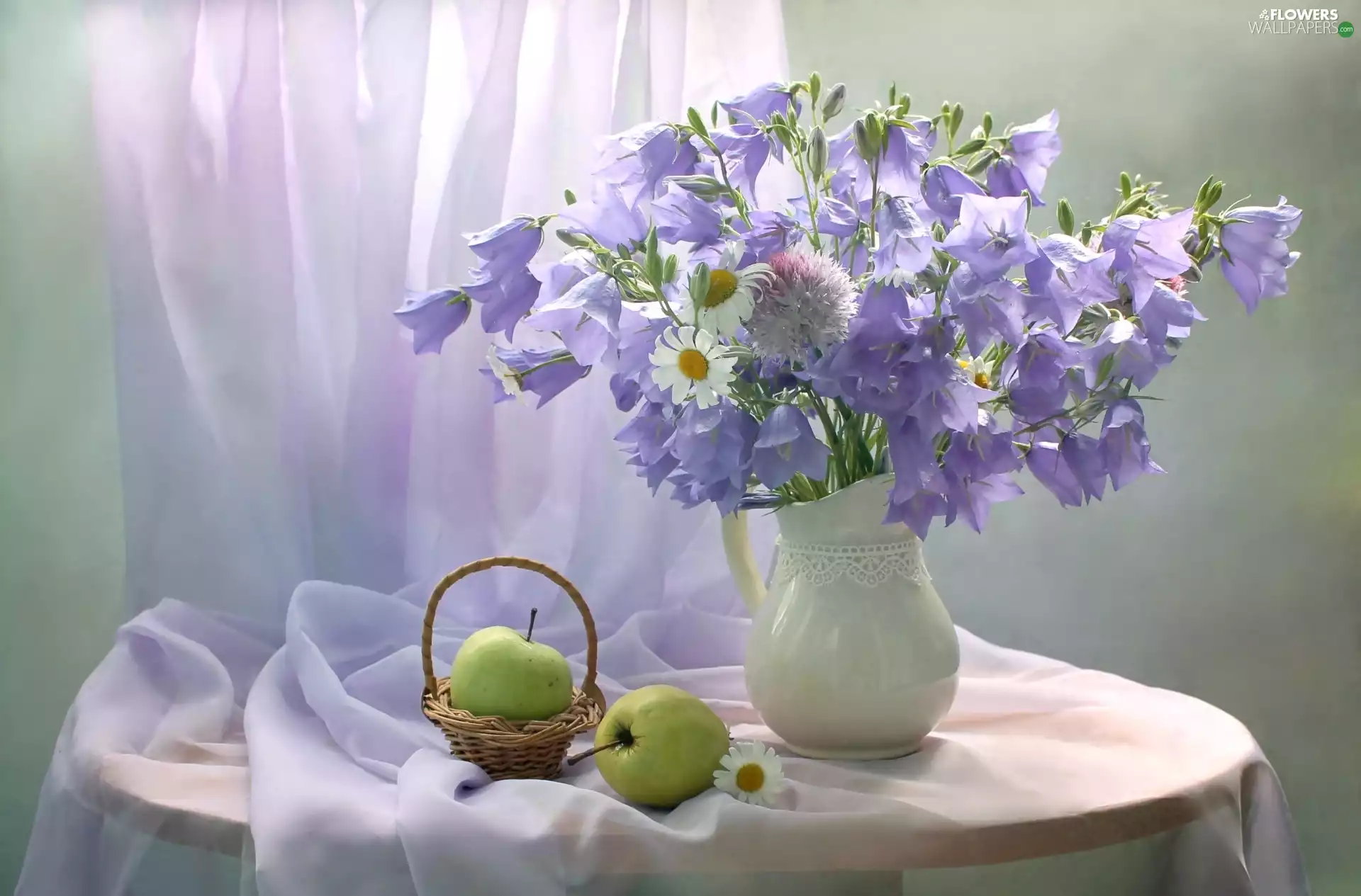 ringtones, bouquet, apples, daisy, composition, jug, basket