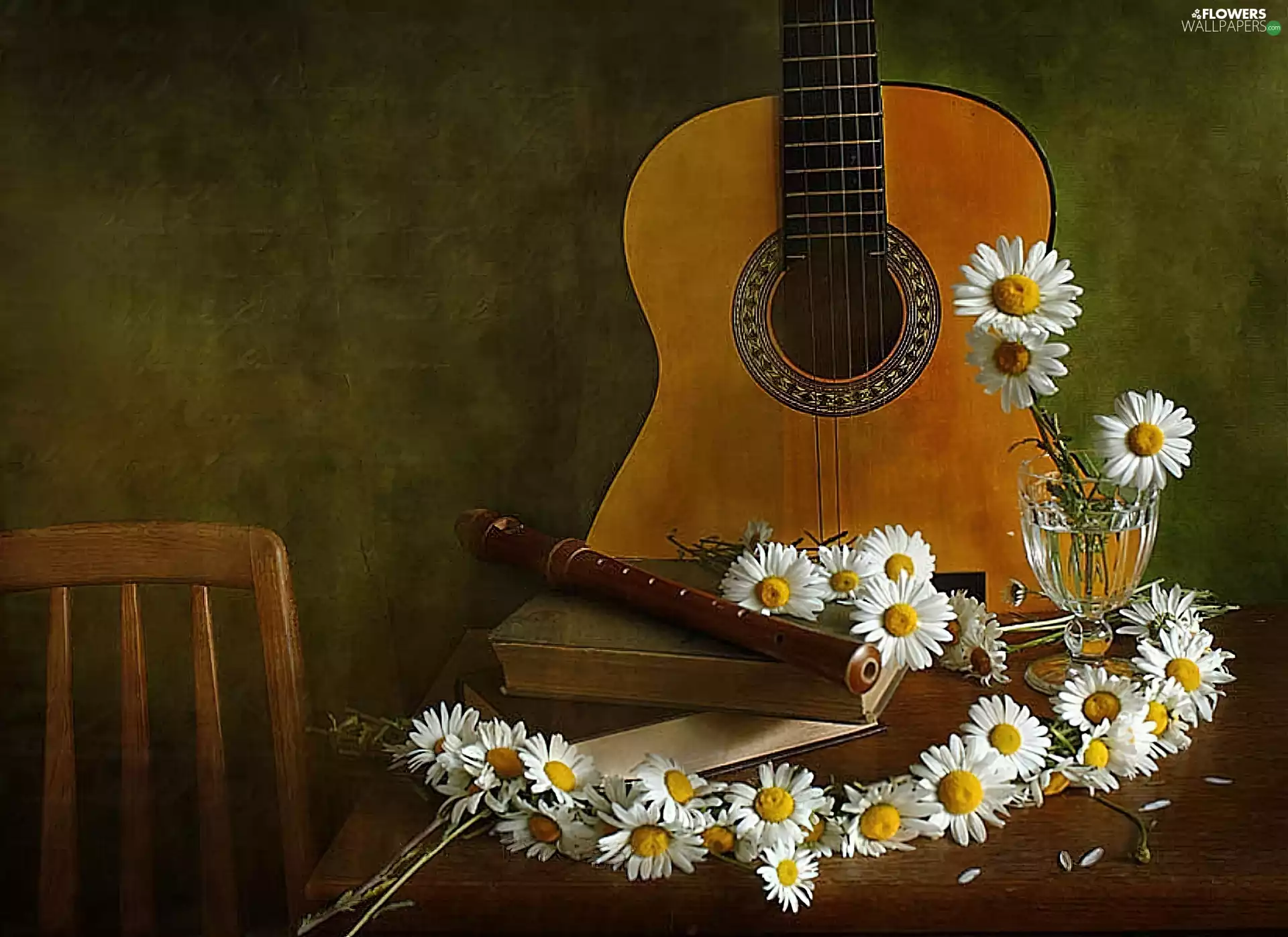 Guitar, flute, Chair, daisy