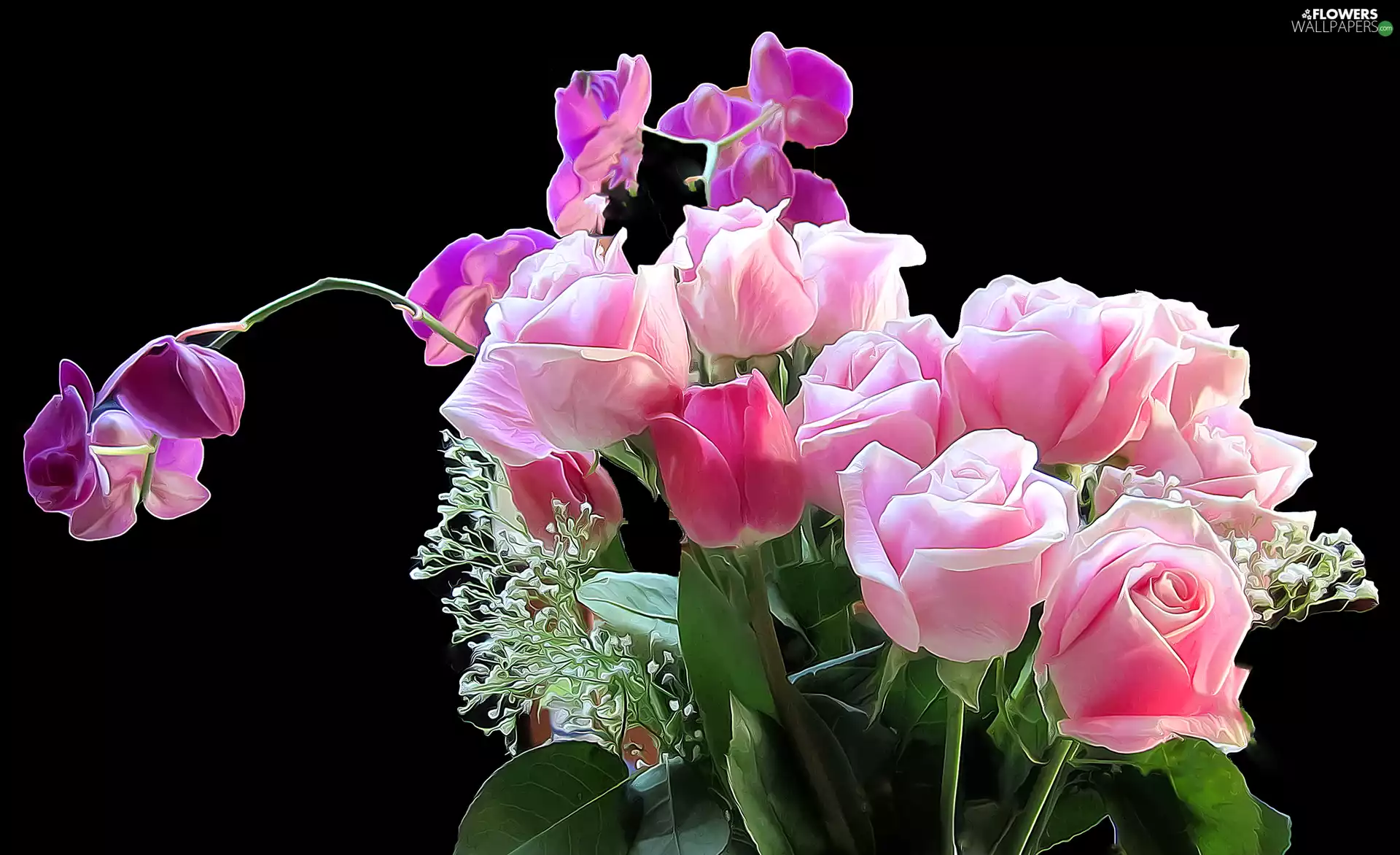 bouquet, Fractalius, orchids, Dark Background, roses, Flowers
