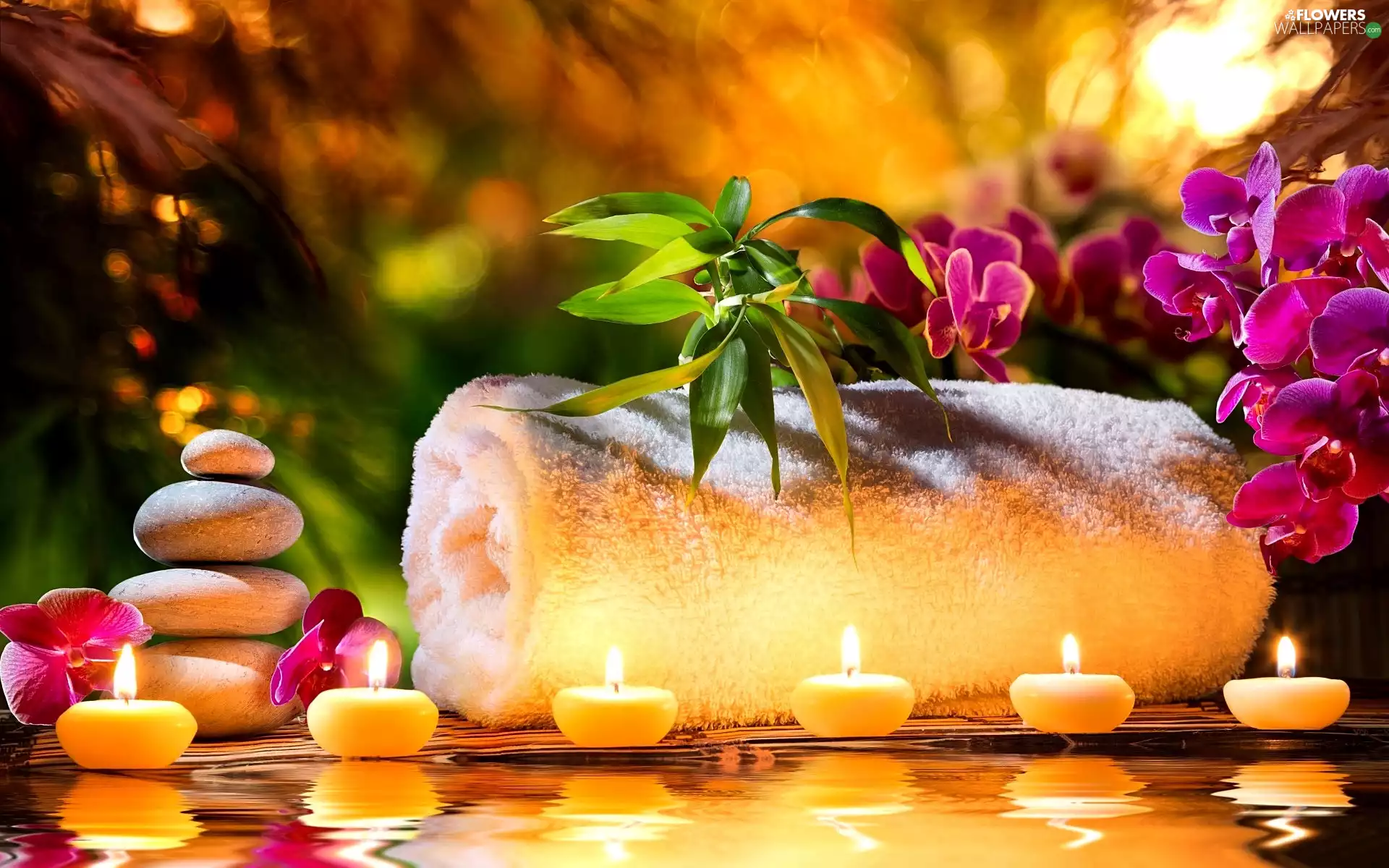 decoration, Spa, Towel, candles, orchid