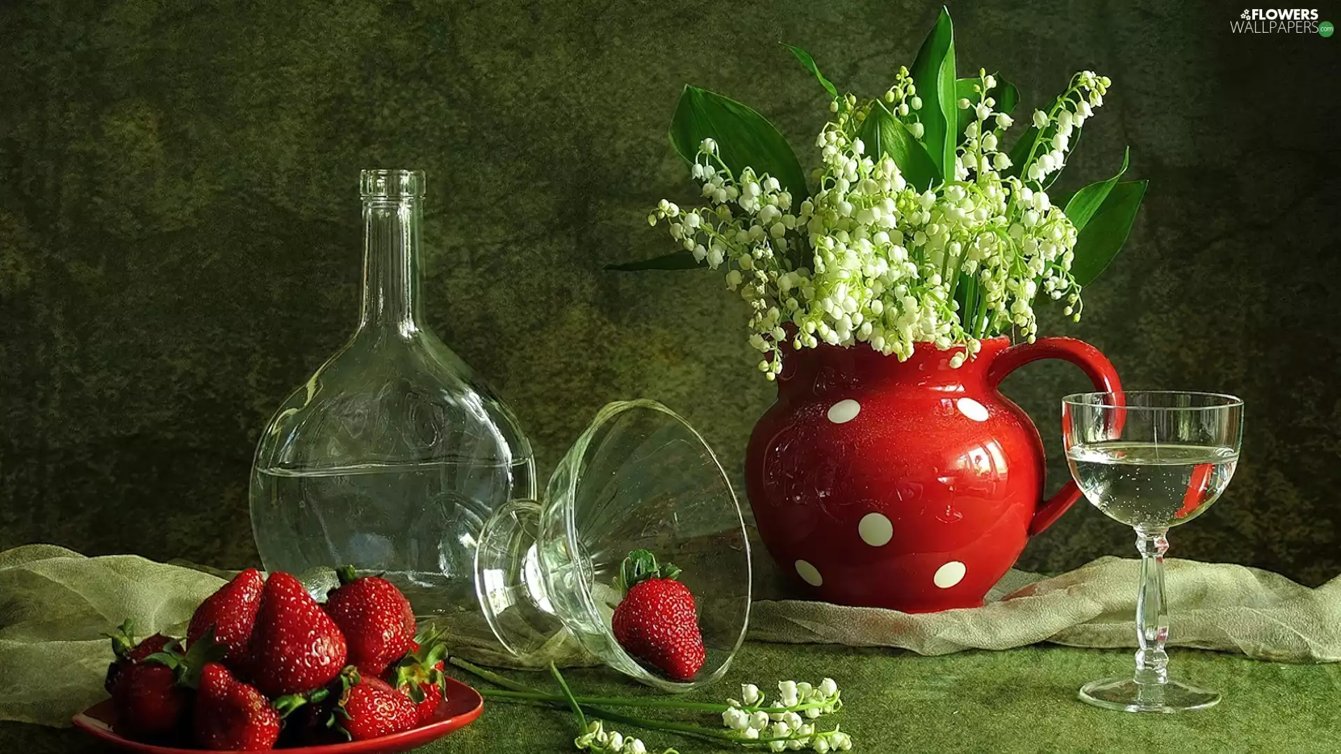 dishes, strawberries, lilies, glass, jug