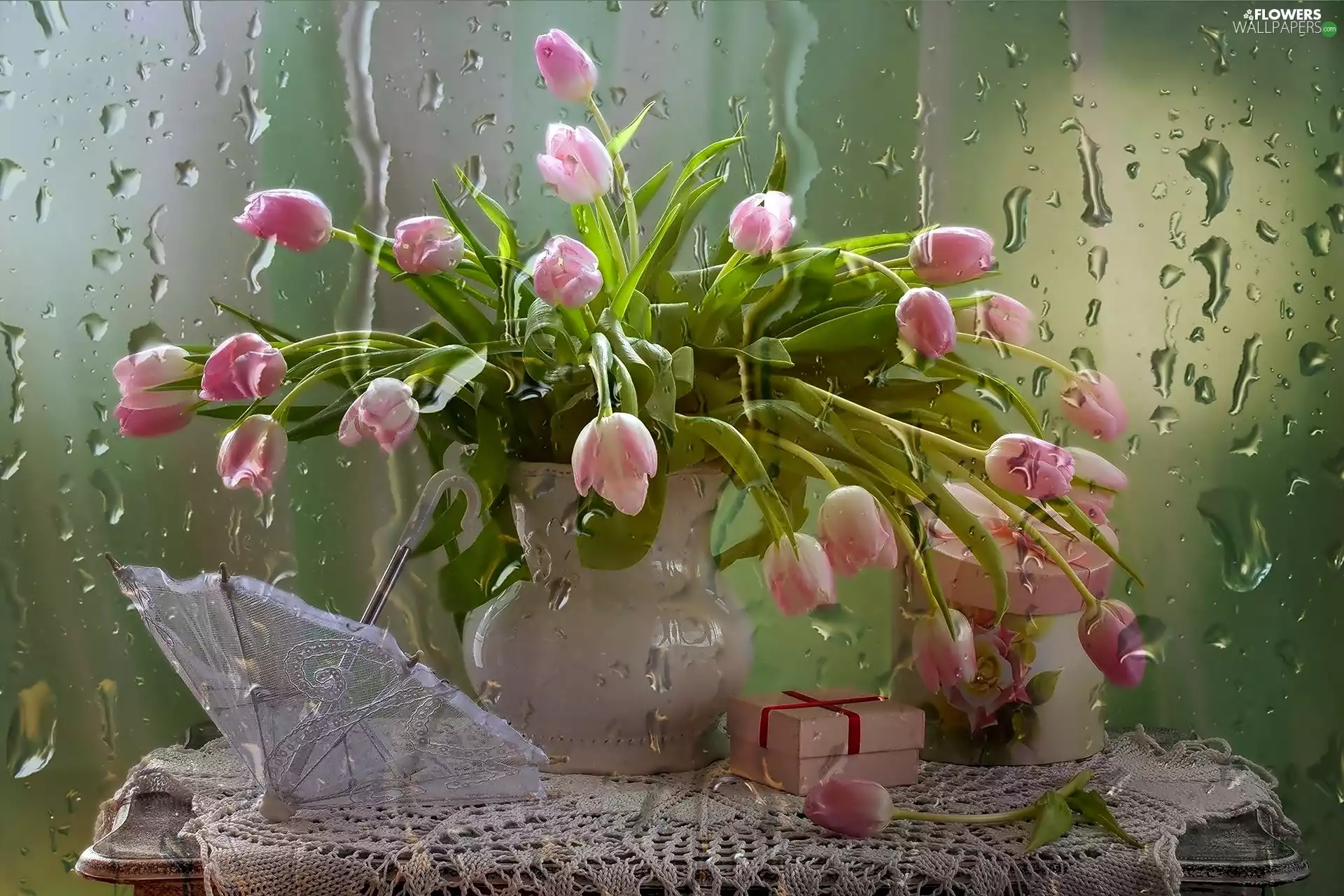 flowers, Tulips, napkin, Present, umbrella, bouquet, composition, drops