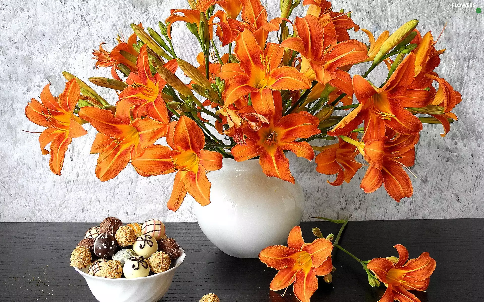 vase, Drops, Orange, lilies, bouquet