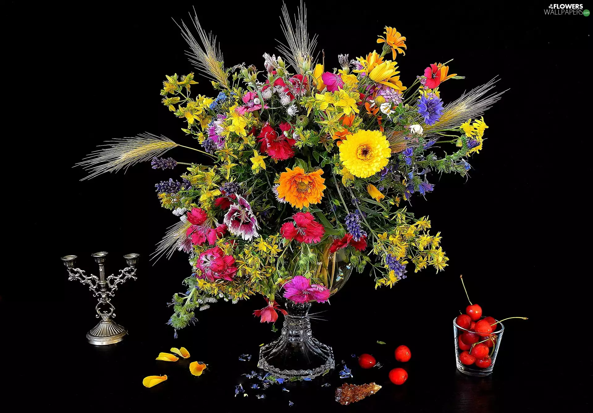 cornflowers, gerberas, candlestick, cloves, cherries, flowers, bouquet, Ears