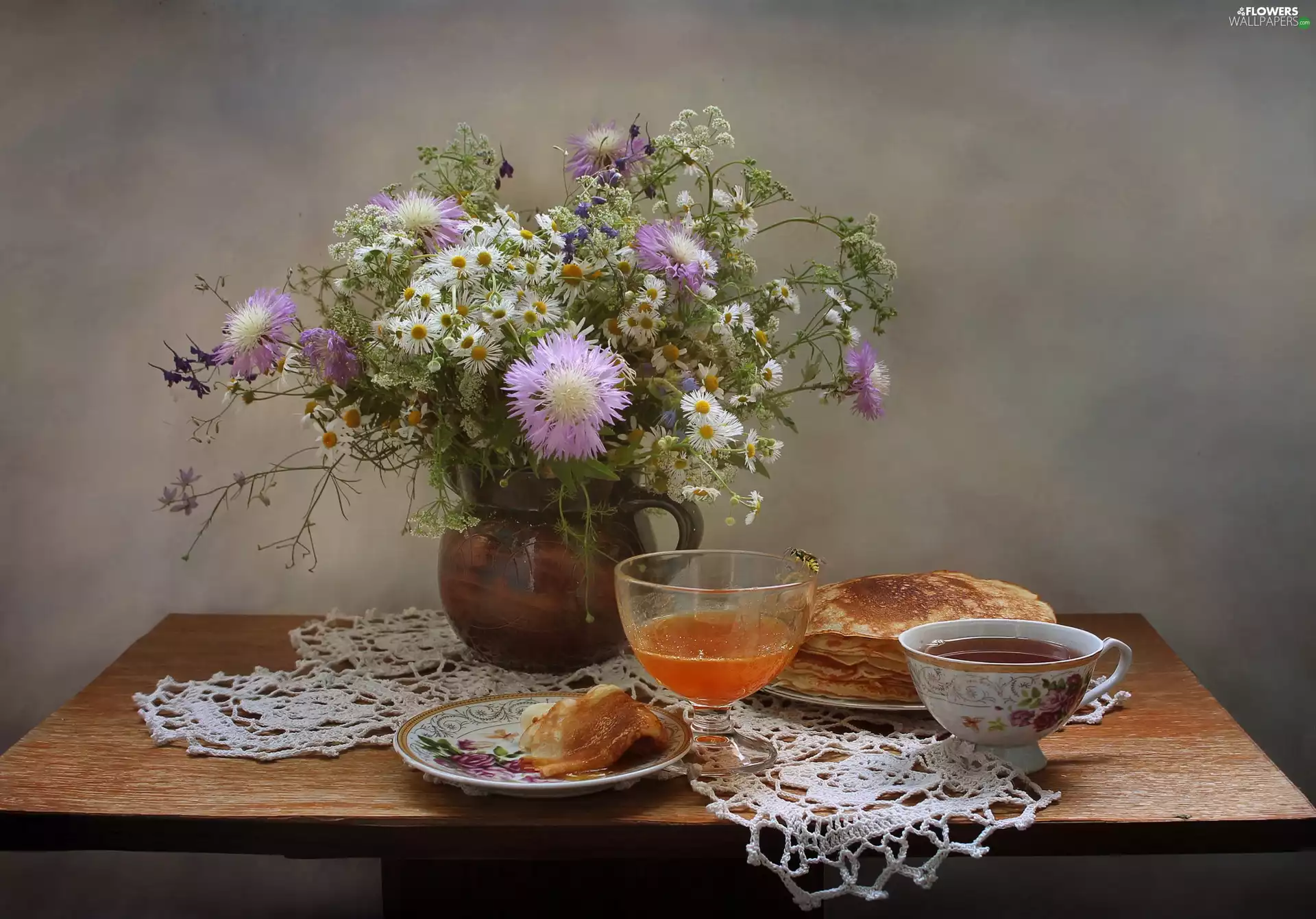 bouquet, composition, cup, Erigeron White, pancakes, tablecloth, Table, jug, earthen, Bowl, Plates
