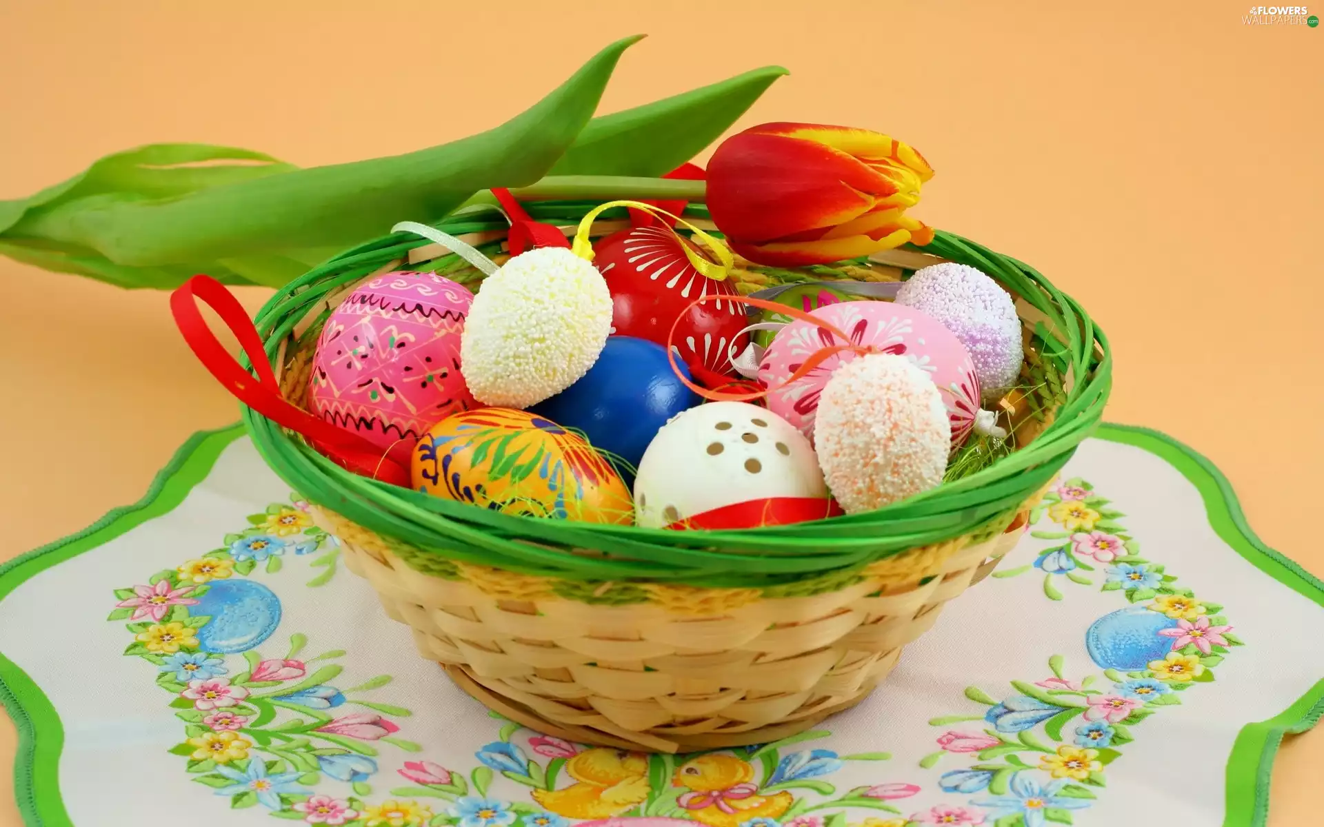 tulip, color, tablecloth, Easter, basket, eggs