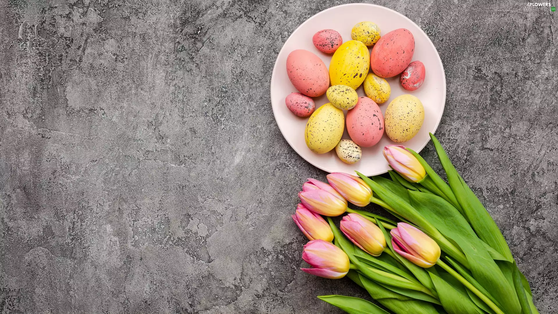 eggs, Yellow-Pink, background, plate, Tulips, Grey, Easter