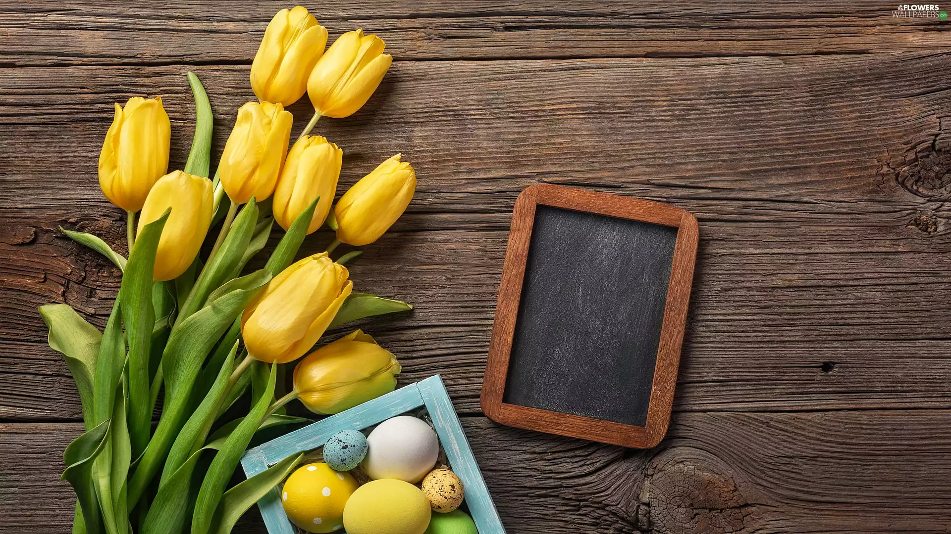 eggs, Yellow, boarding, Easter, plate, Tulips