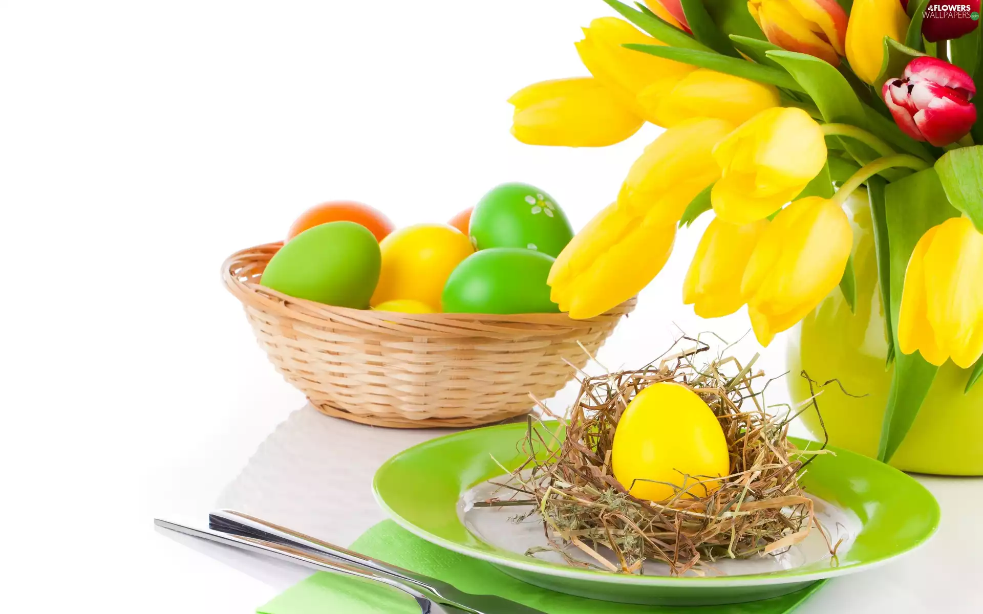 eggs, Easter, tulips, basket, bouquet