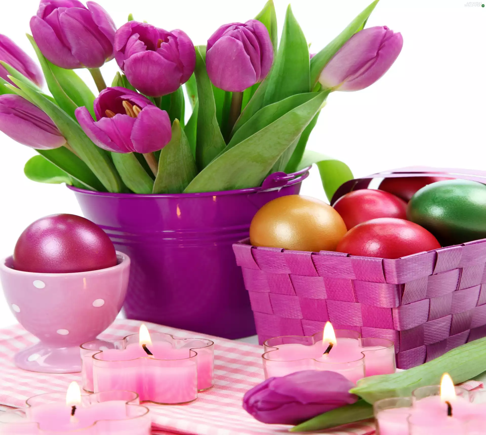 Candles, Easter, Tulips, Bucket, composition