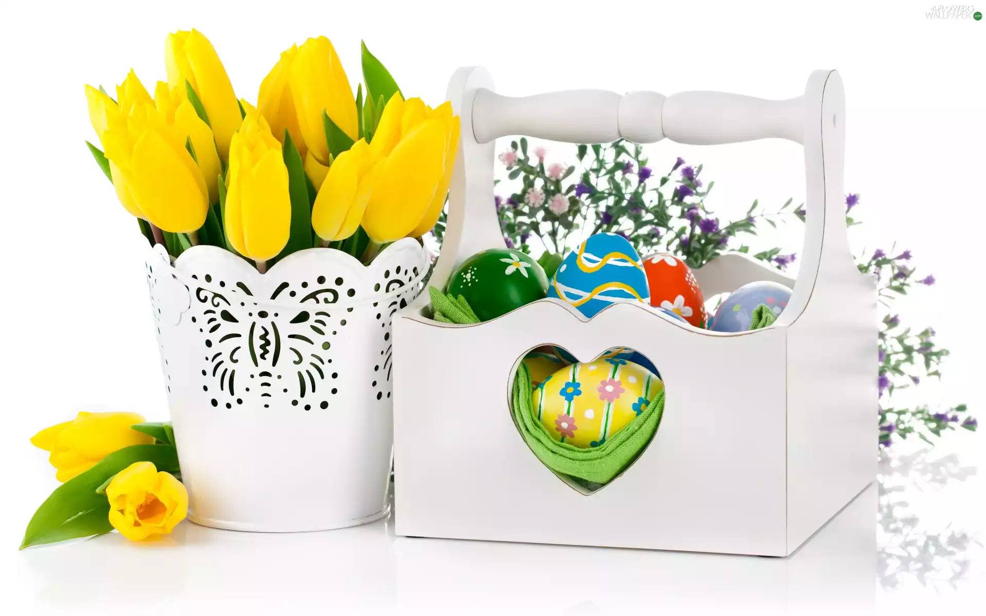 basket, decoration, Yellow, Easter, composition, eggs, Tulips