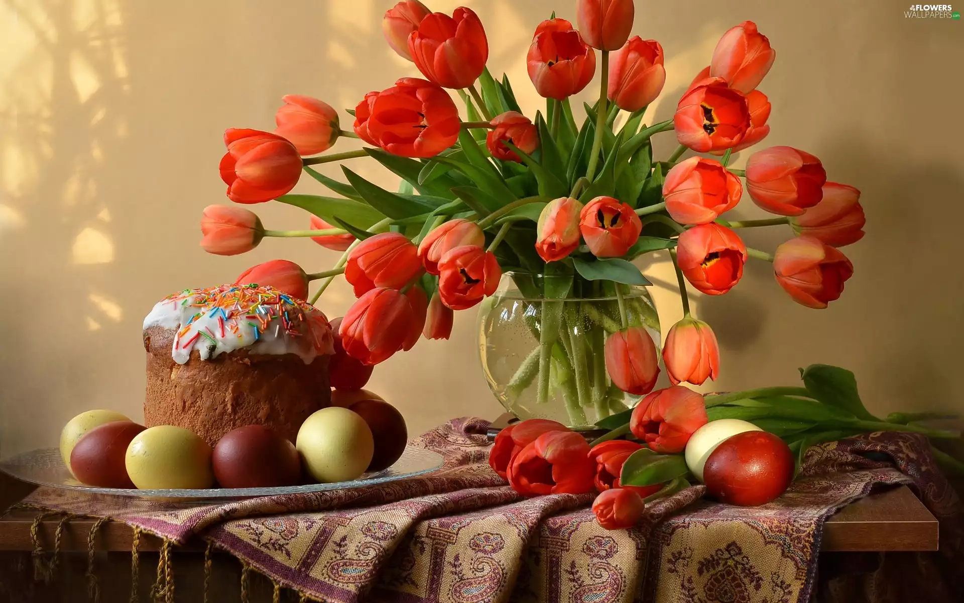 cake, Easter, color, eggs, Tulips, cake