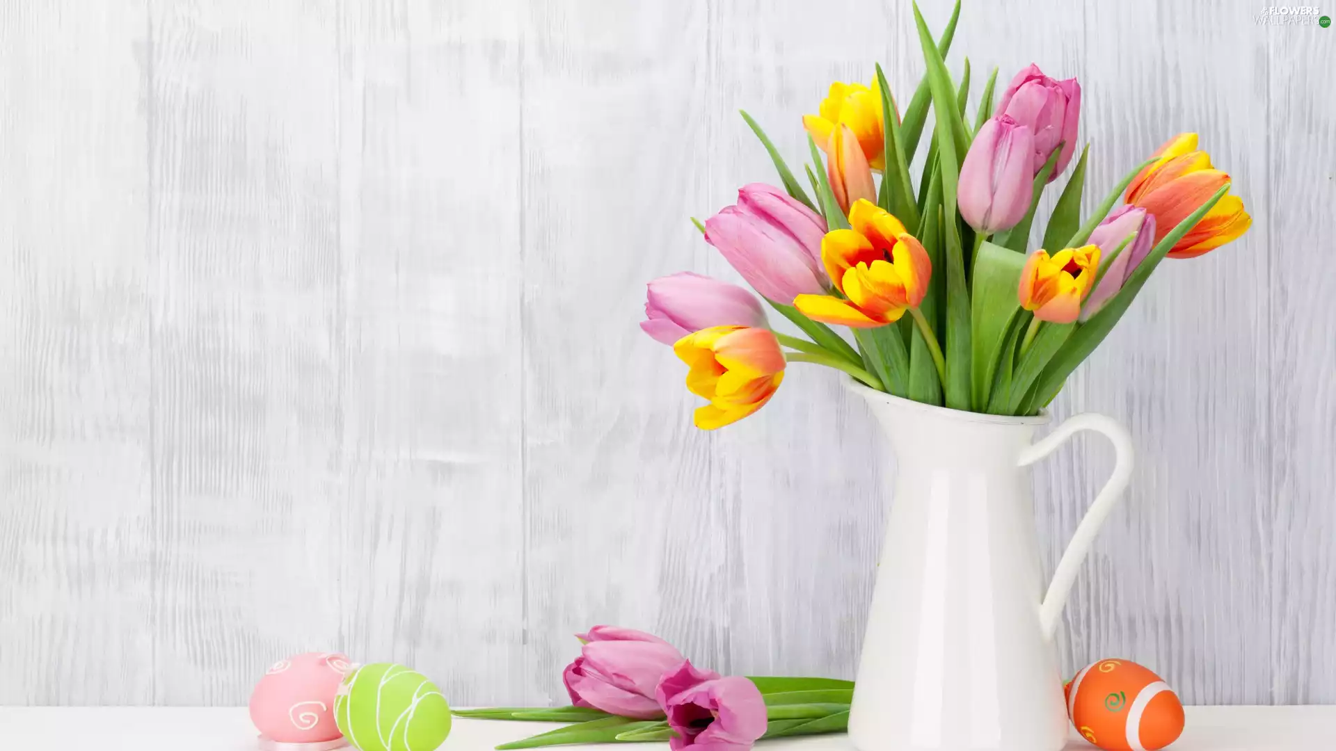 bouquet, Easter, jug, eggs, Tulips, composition