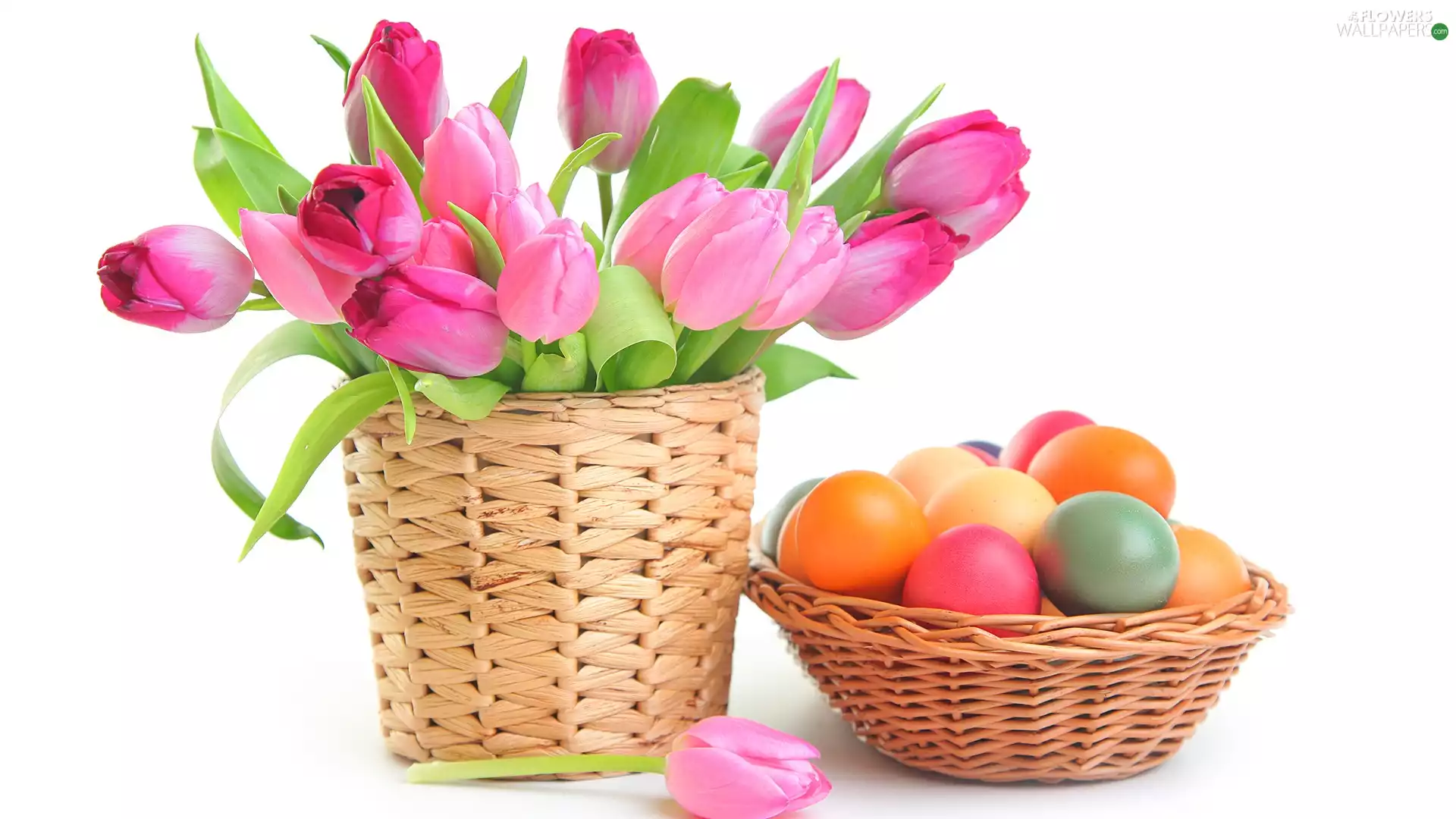 Pink, composition, basket, eggs, Tulips, Easter