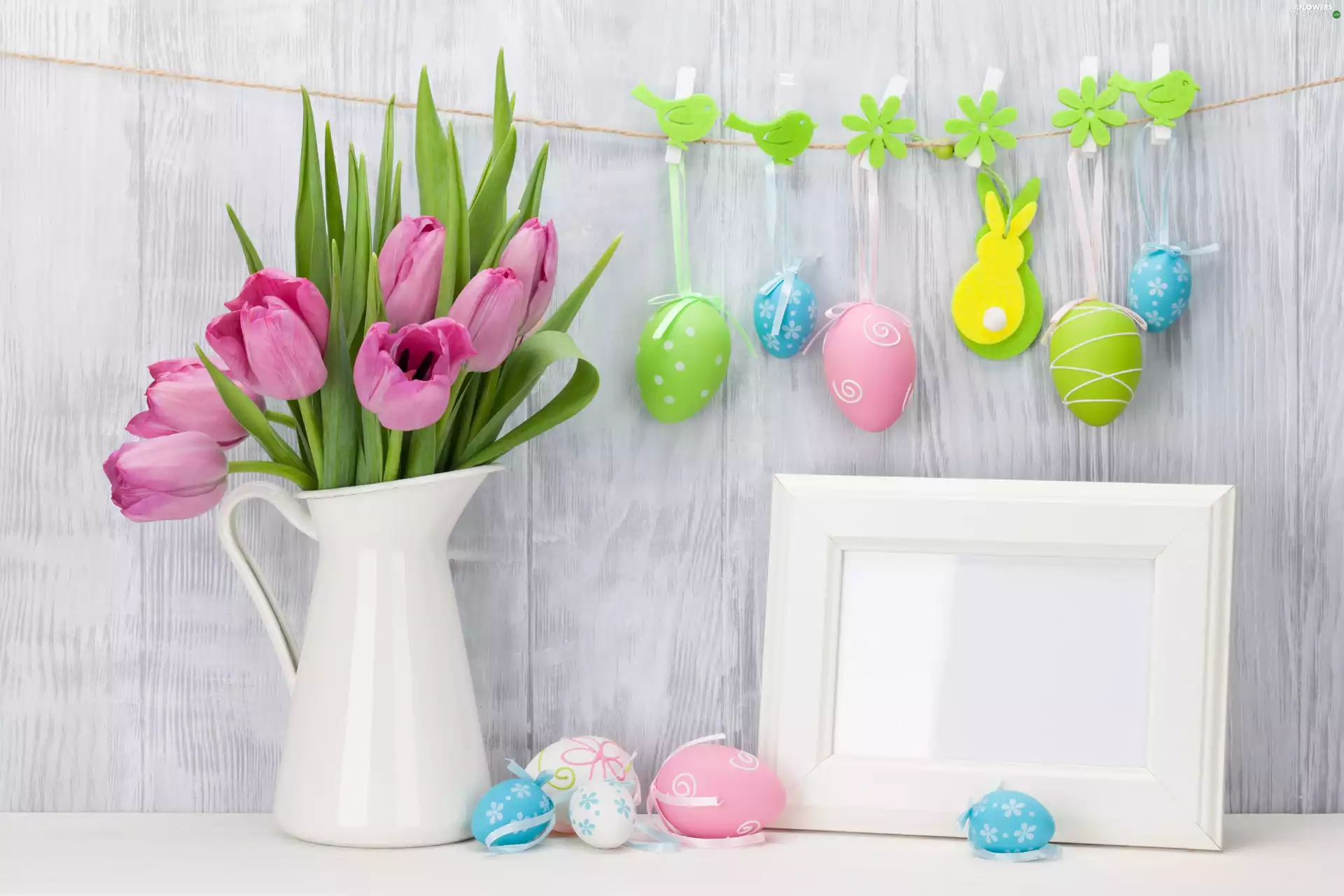 bouquet, Tulips, frame, jug, ornamentation, composition, Easter, eggs