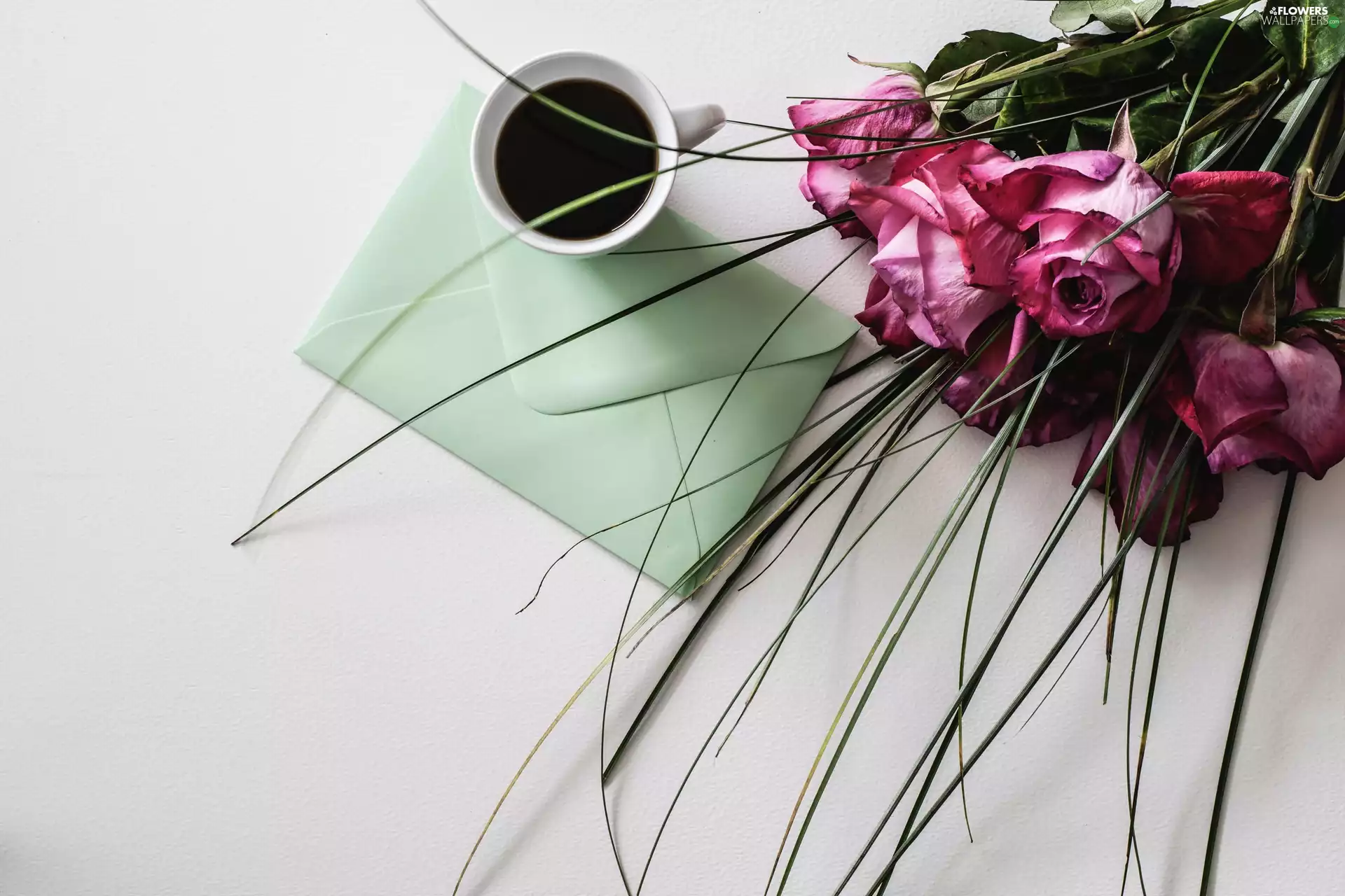 roses, envelope, cup, bouquet, coffee