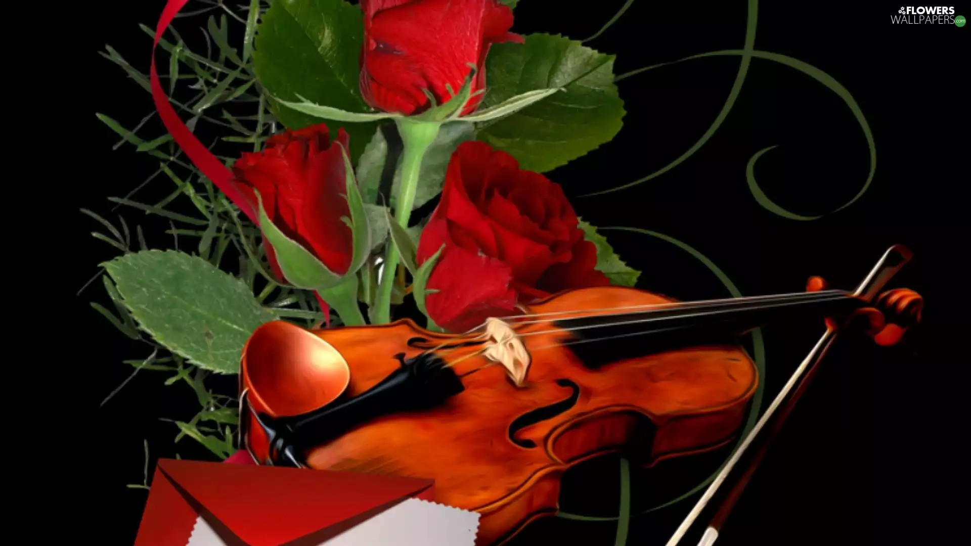 envelope, violin, roses