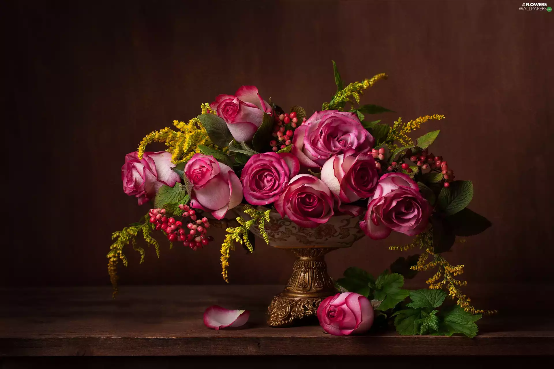 bouquet, roses, European Goldenrod, Flowers