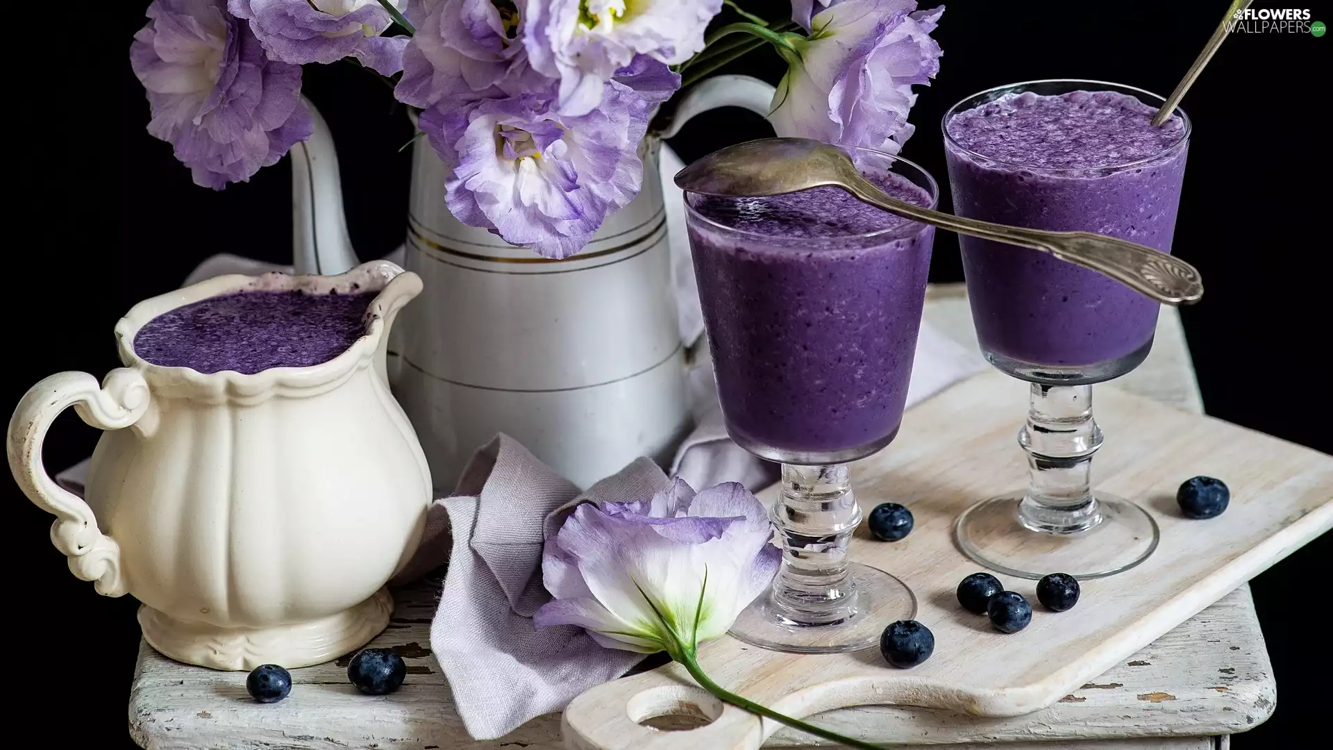 blueberries, Flowers, jug, Eustoma, composition, cocktail, glasses